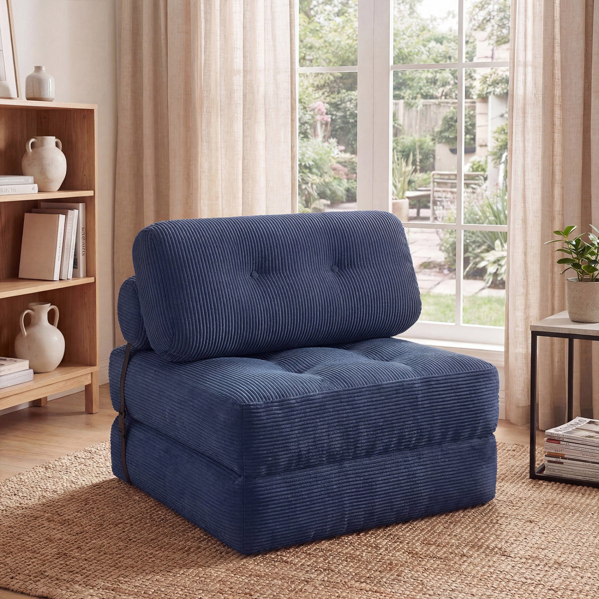 3-in-1 Folding Corduroy Sofa Bed with Pillow - Navy Blue-Sofas & Loveseats-DECOROLALA
