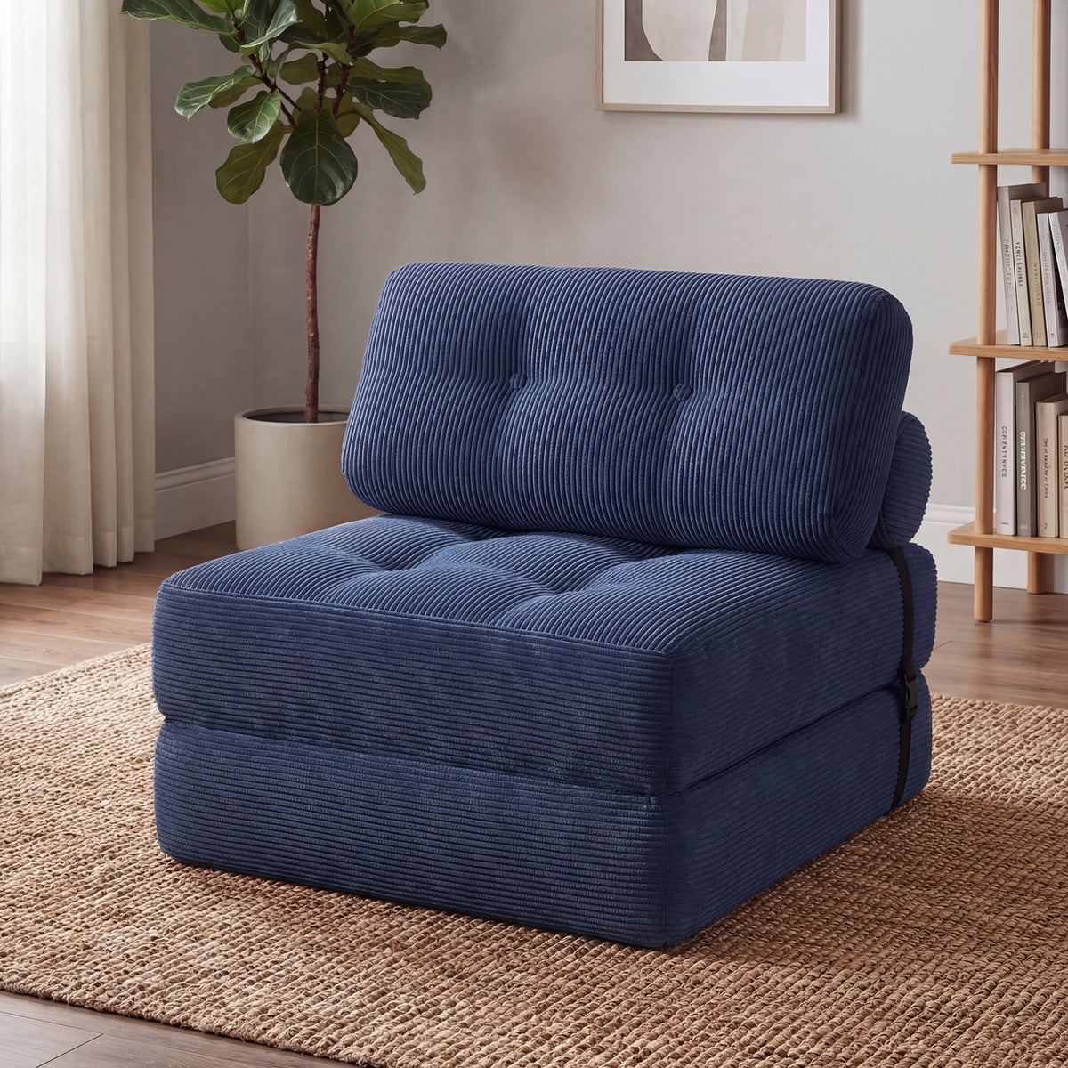 3-in-1 Folding Corduroy Sofa Bed with Pillow - Navy Blue-Sofas & Loveseats-DECOROLALA