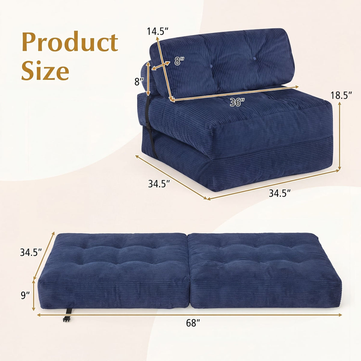 3-in-1 Folding Corduroy Sofa Bed with Pillow - Navy Blue-Sofas & Loveseats-DECOROLALA