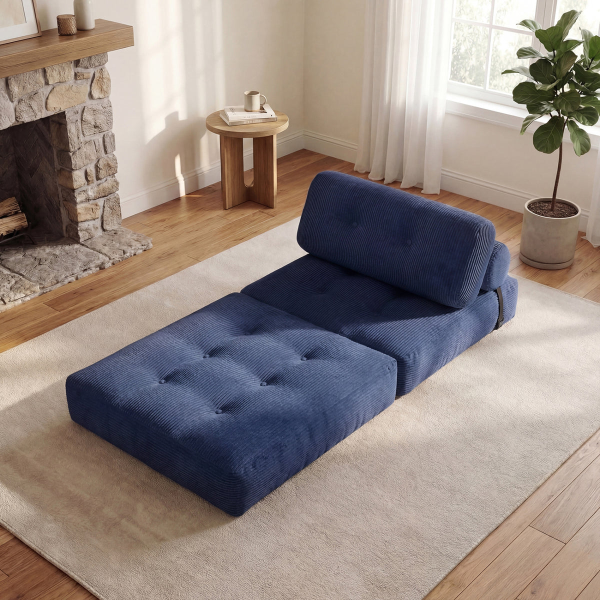 3-in-1 Folding Corduroy Sofa Bed with Pillow - Navy Blue-Sofas & Loveseats-DECOROLALA
