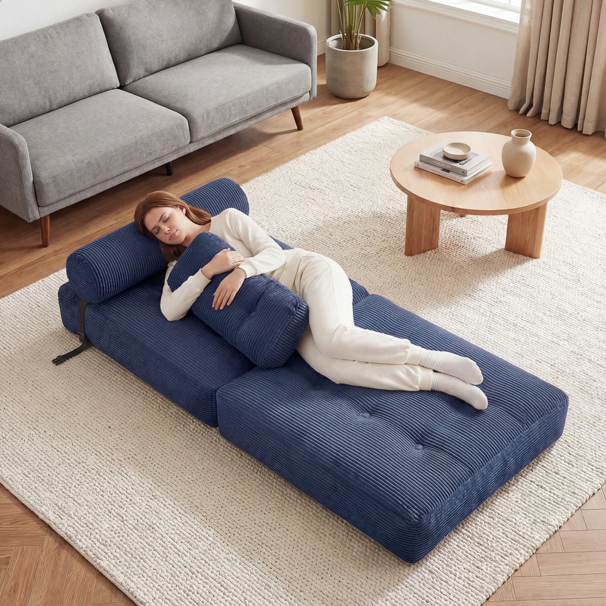 3-in-1 Folding Corduroy Sofa Bed with Pillow - Navy Blue-Sofas & Loveseats-DECOROLALA