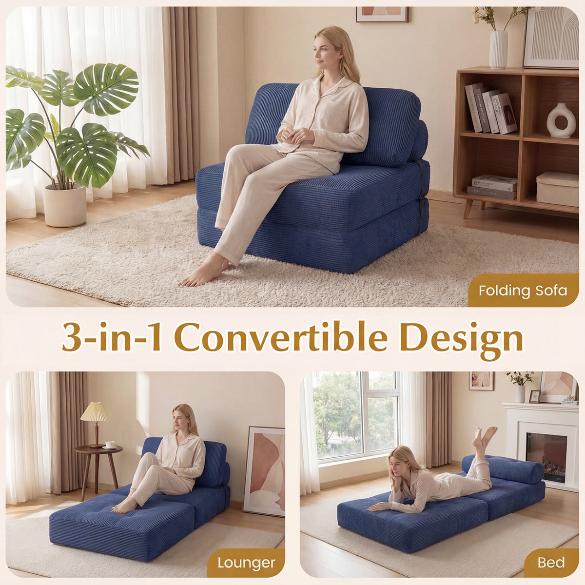 3-in-1 Folding Corduroy Sofa Bed with Pillow - Navy Blue-Sofas & Loveseats-DECOROLALA