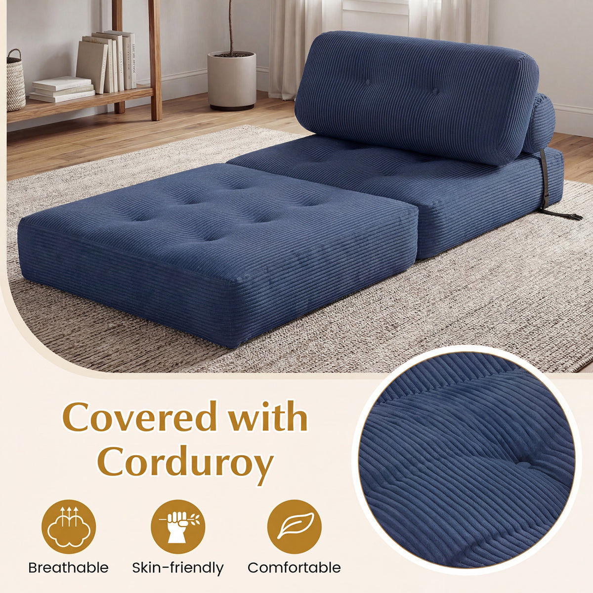 3-in-1 Folding Corduroy Sofa Bed with Pillow - Navy Blue-Sofas & Loveseats-DECOROLALA