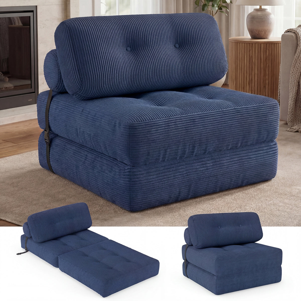 3-in-1 Folding Corduroy Sofa Bed with Pillow - Navy Blue-Sofas & Loveseats-DECOROLALA