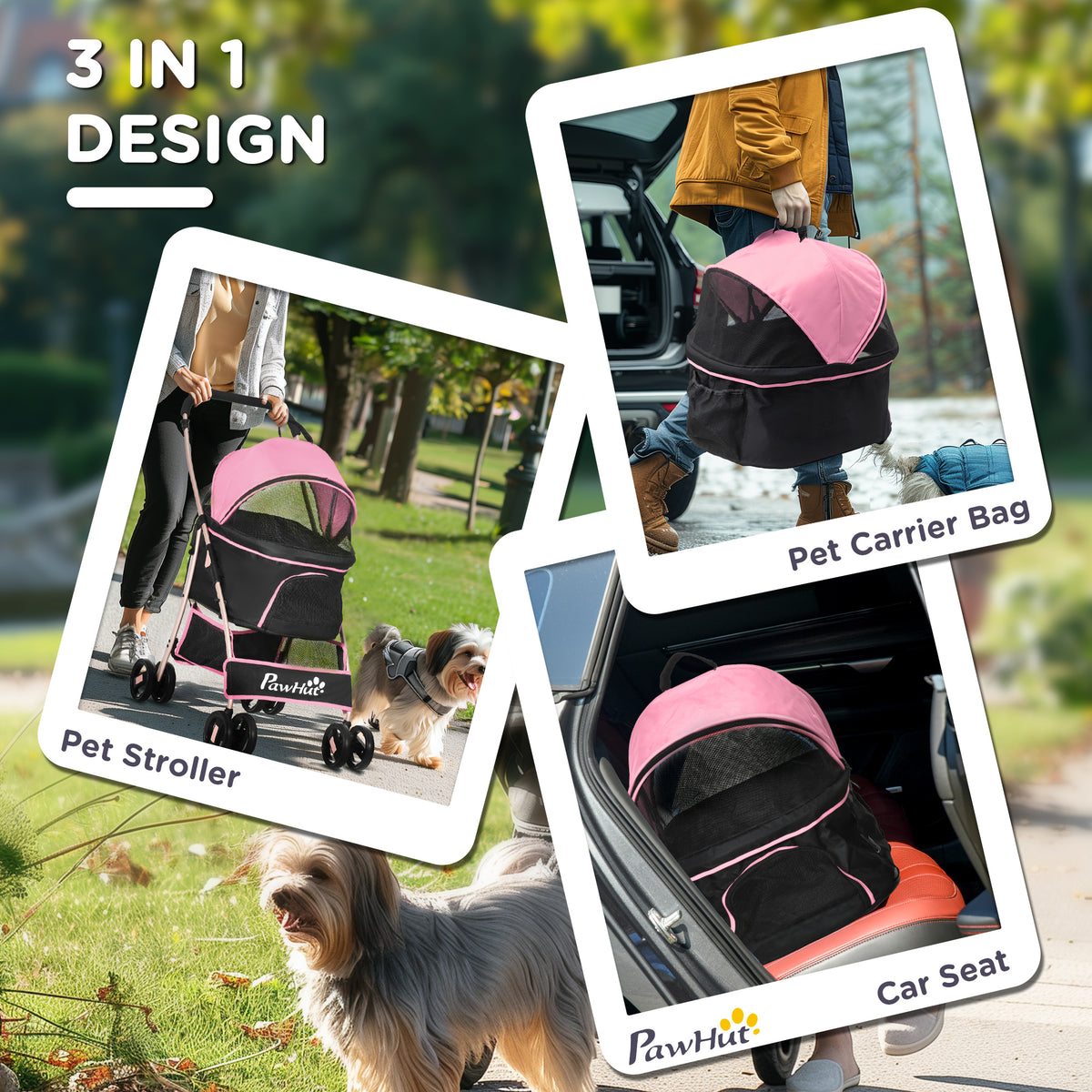 3-in-1 Folding Pet Stroller & Carrier - Pink 4-Wheel Buggy-Dogs-DECOROLALA