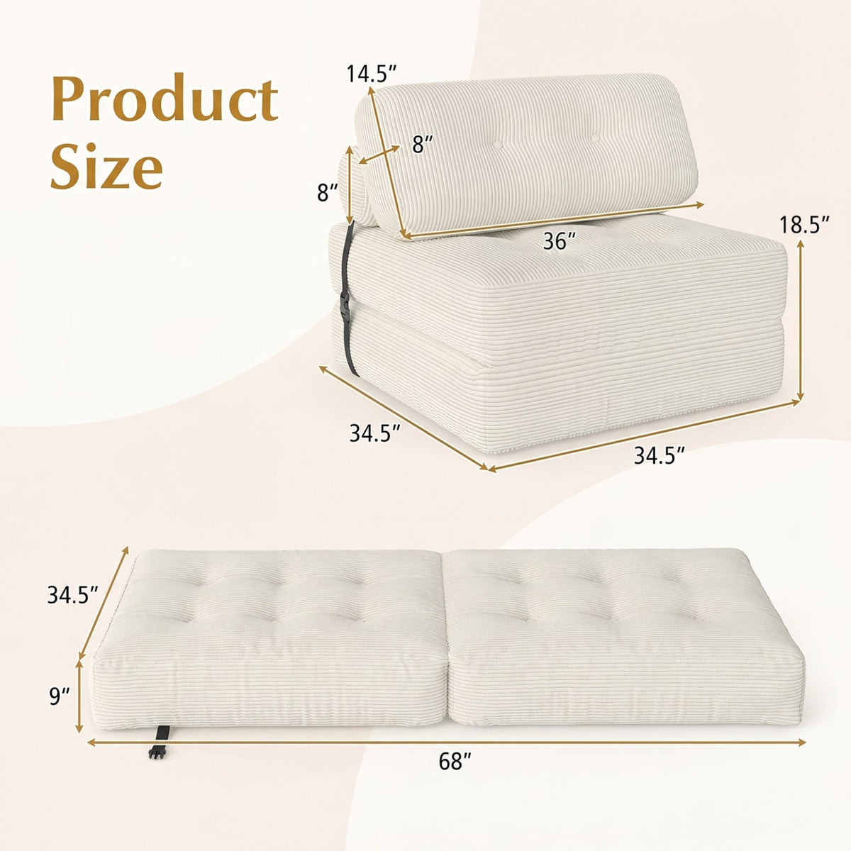 3-in-1 Folding Sofa Bed - Beige Corduroy Convertible Lounger-Sofas & Loveseats-DECOROLALA
