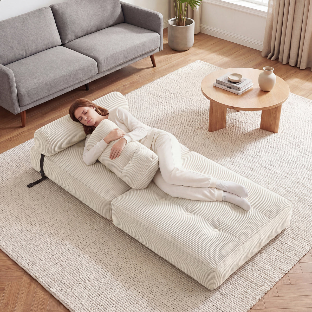 3-in-1 Folding Sofa Bed - Beige Corduroy Convertible Lounger-Sofas & Loveseats-DECOROLALA