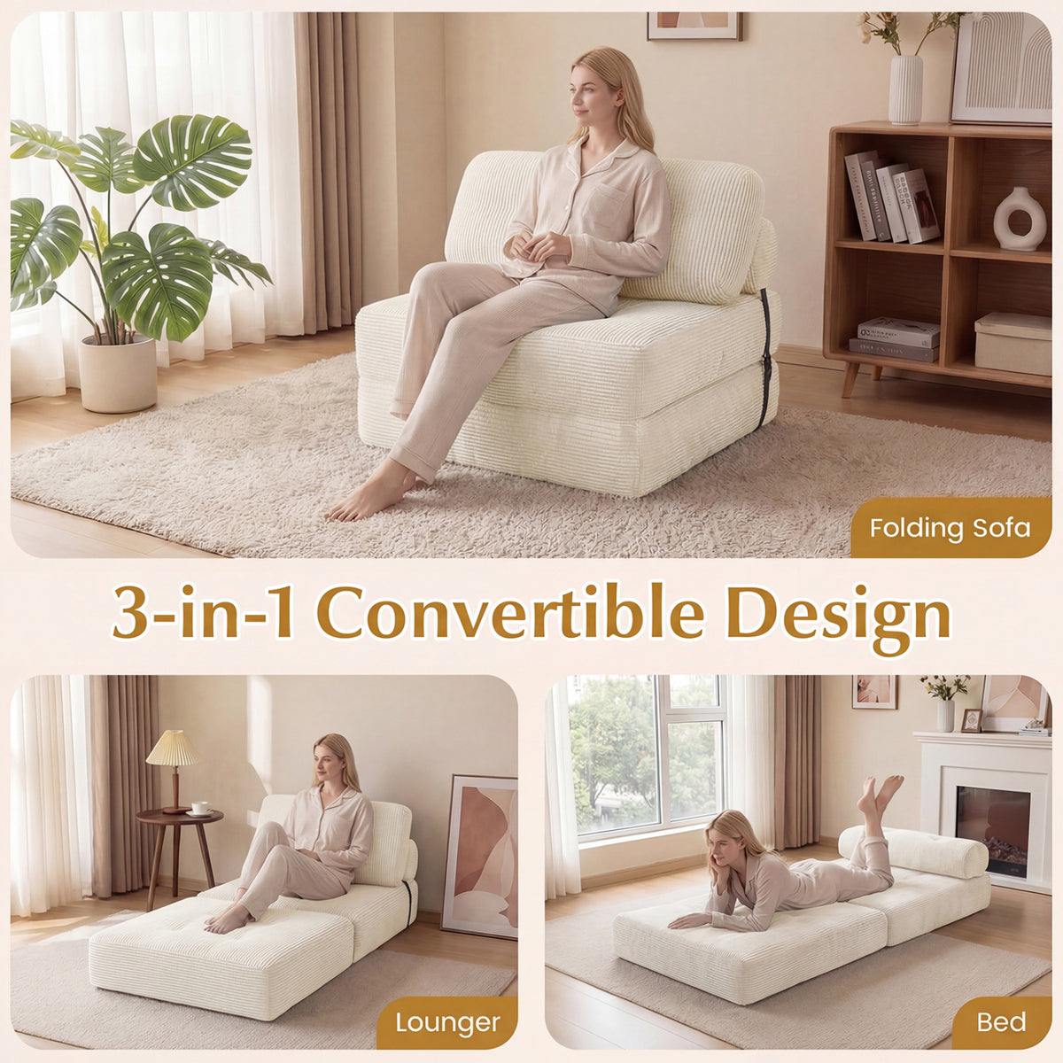 3-in-1 Folding Sofa Bed - Beige Corduroy Convertible Lounger-Sofas & Loveseats-DECOROLALA