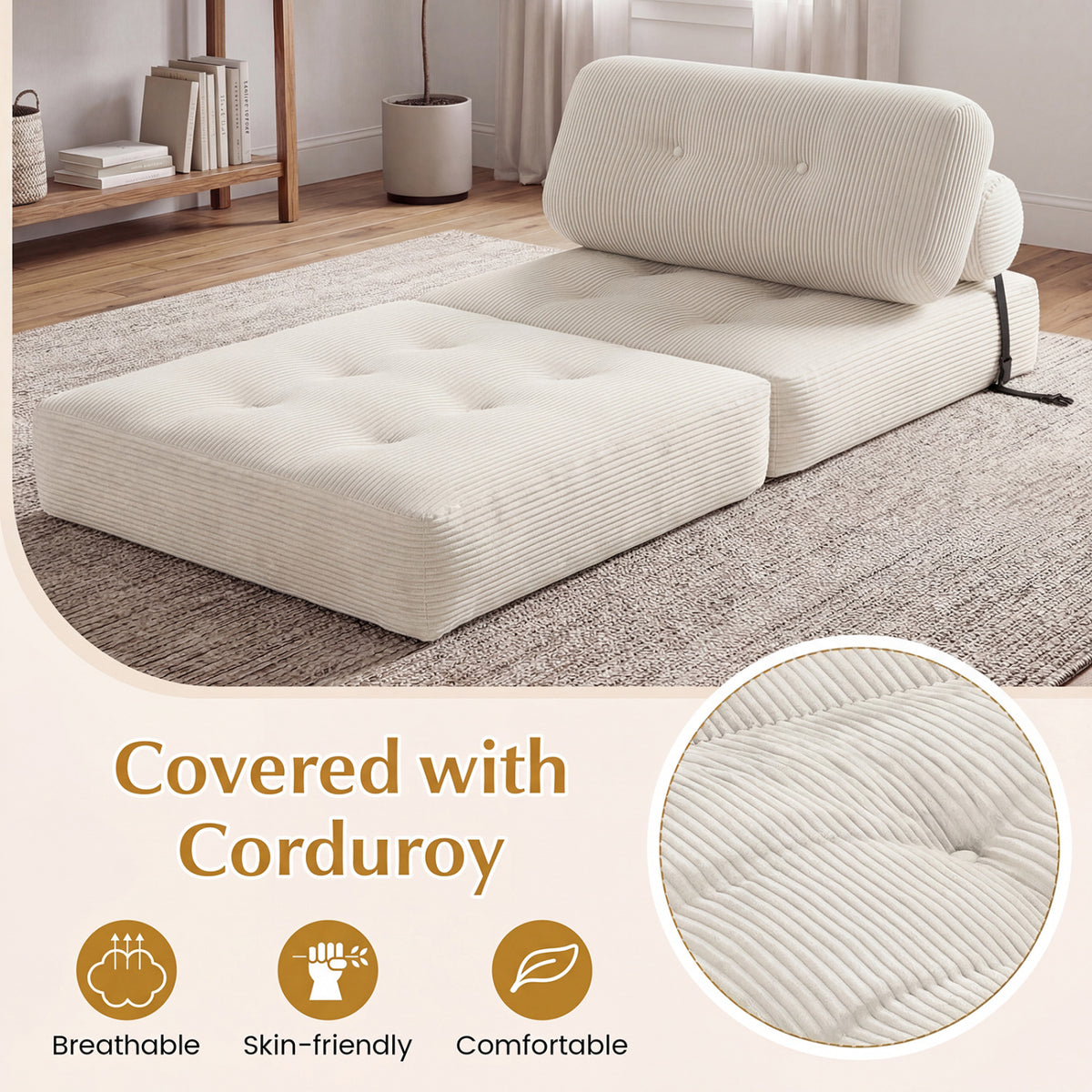 3-in-1 Folding Sofa Bed - Beige Corduroy Convertible Lounger-Sofas & Loveseats-DECOROLALA