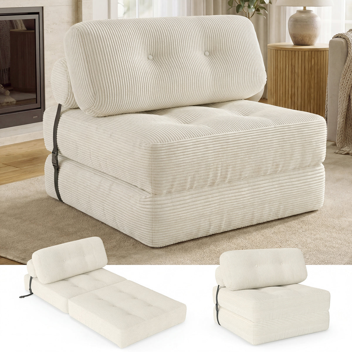 3-in-1 Folding Sofa Bed - Beige Corduroy Convertible Lounger-Sofas & Loveseats-DECOROLALA