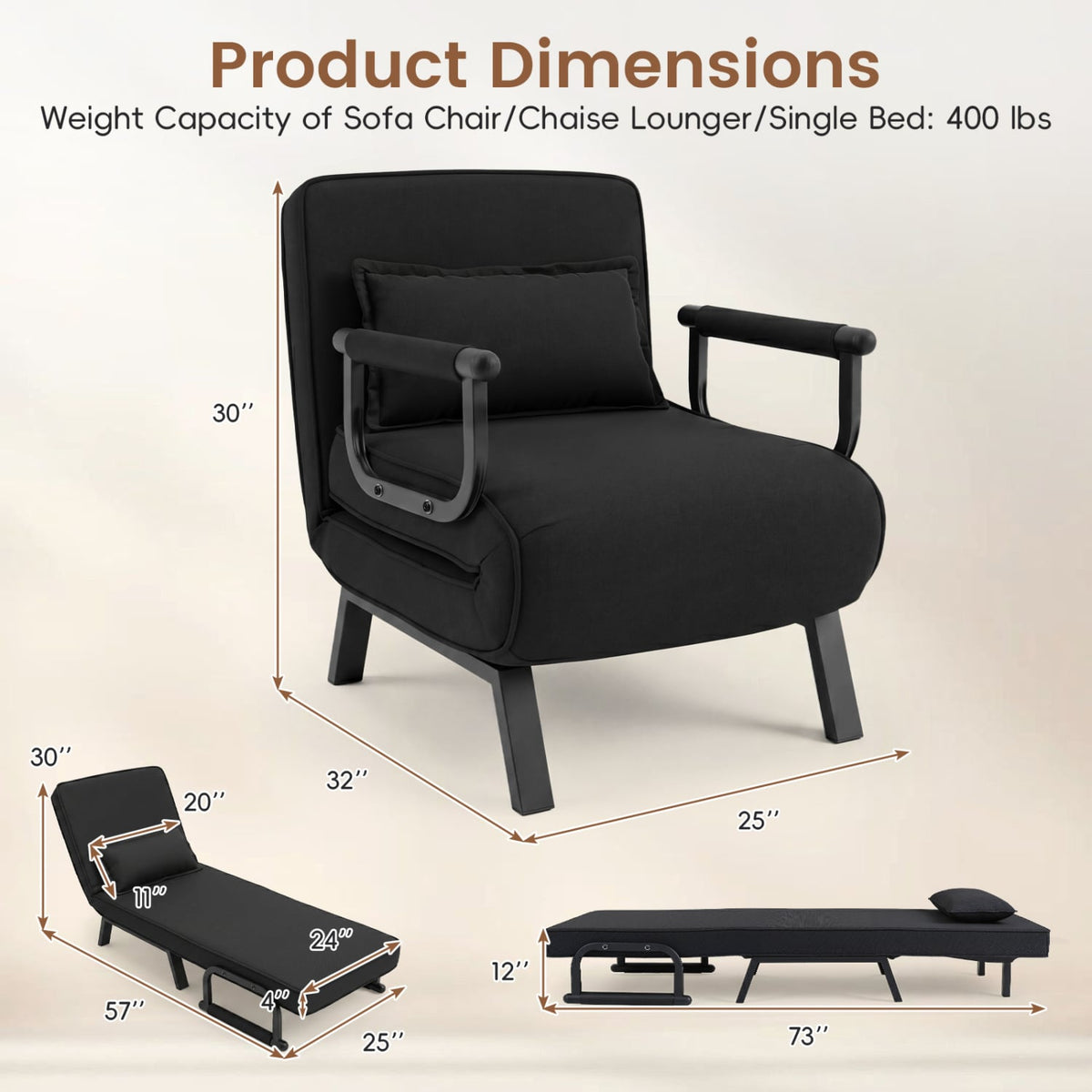 3-in-1 Folding Sofa Bed - Convertible Sleeper Chair - Black-Sofas & Loveseats-DECOROLALA