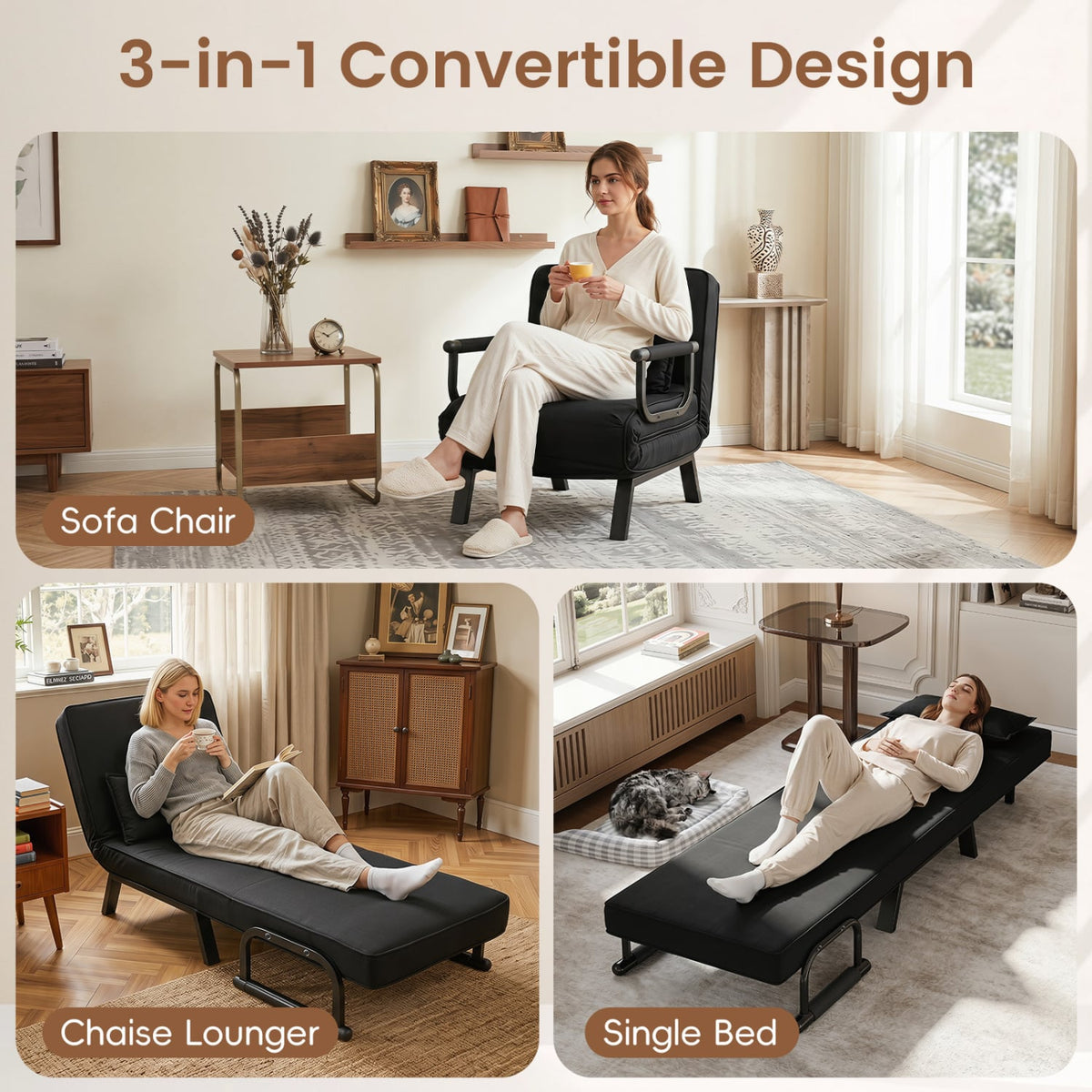 3-in-1 Folding Sofa Bed - Convertible Sleeper Chair - Black-Sofas & Loveseats-DECOROLALA