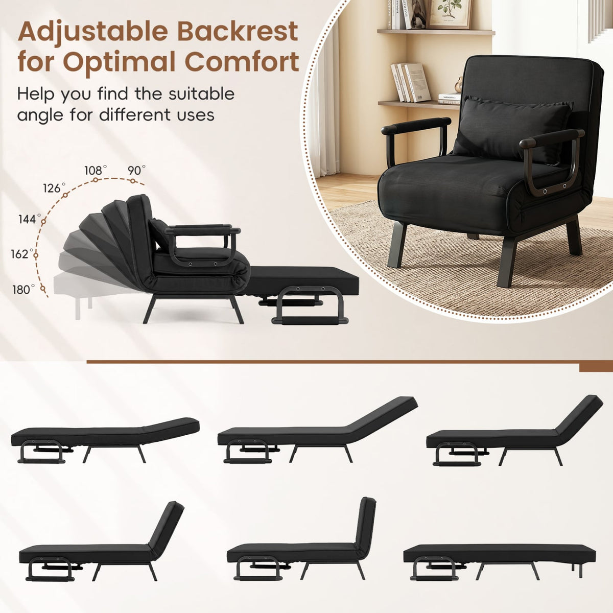 3-in-1 Folding Sofa Bed - Convertible Sleeper Chair - Black-Sofas & Loveseats-DECOROLALA