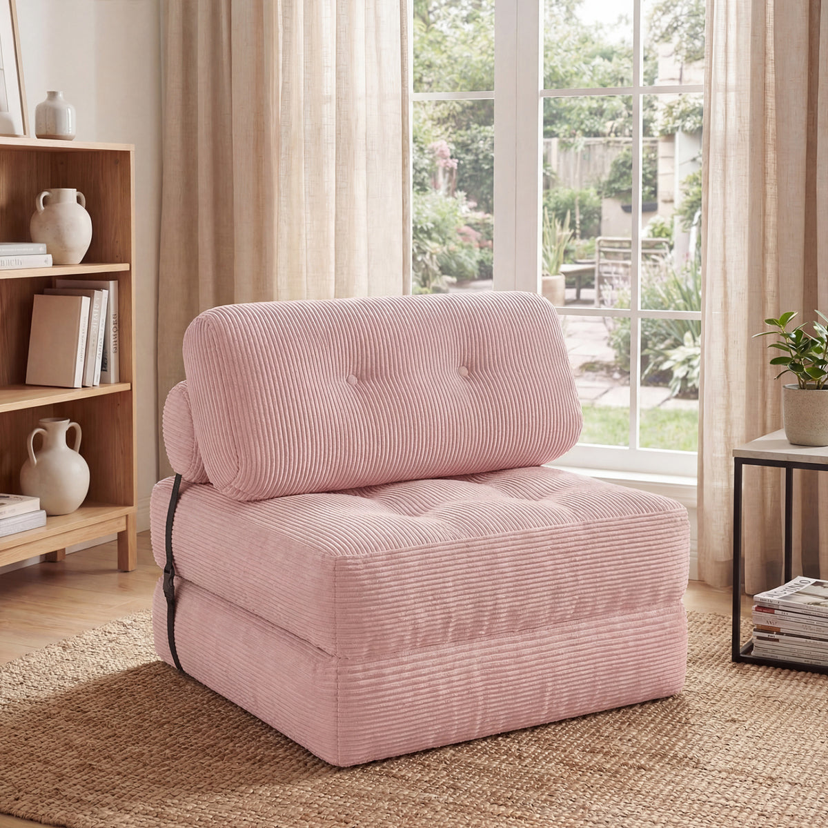 3-in-1 Folding Sofa Bed - Pink Corduroy Convertible Lounger-Sofas & Loveseats-DECOROLALA