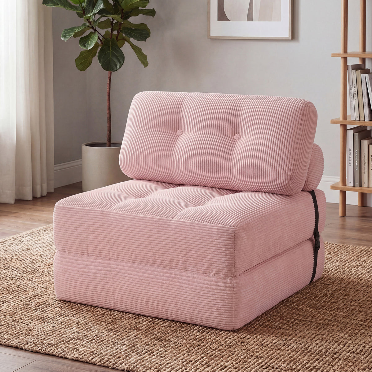 3-in-1 Folding Sofa Bed - Pink Corduroy Convertible Lounger-Sofas & Loveseats-DECOROLALA