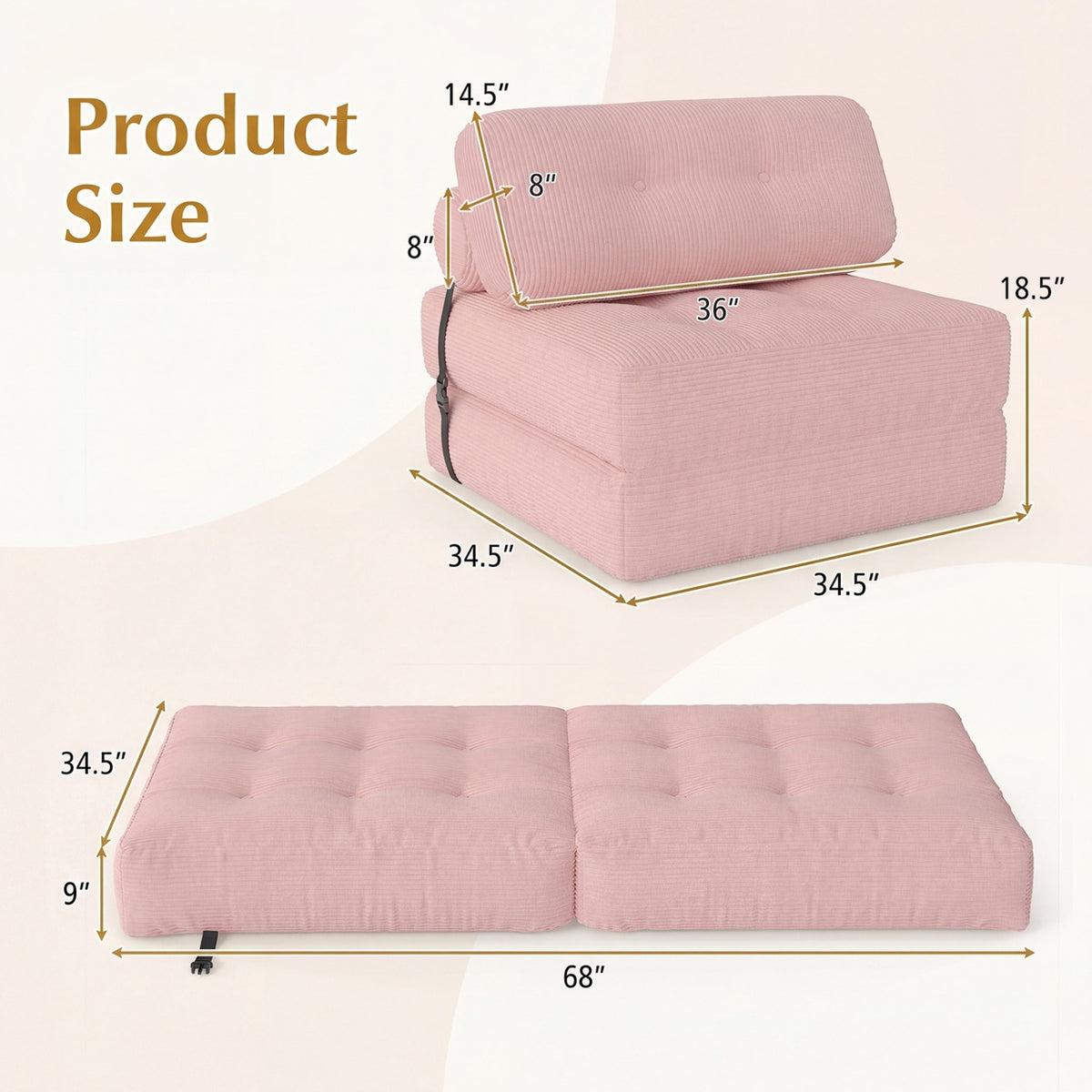 3-in-1 Folding Sofa Bed - Pink Corduroy Convertible Lounger-Sofas & Loveseats-DECOROLALA
