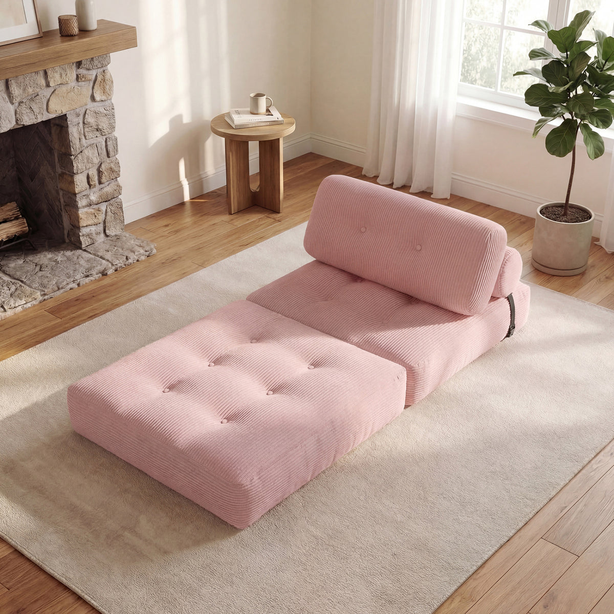 3-in-1 Folding Sofa Bed - Pink Corduroy Convertible Lounger-Sofas & Loveseats-DECOROLALA