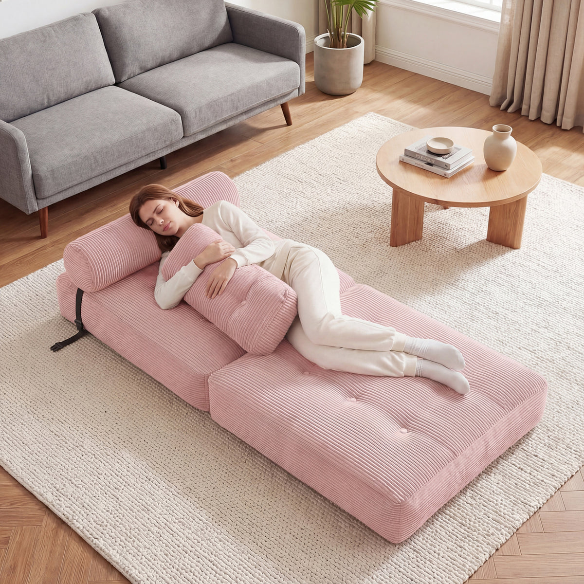 3-in-1 Folding Sofa Bed - Pink Corduroy Convertible Lounger-Sofas & Loveseats-DECOROLALA