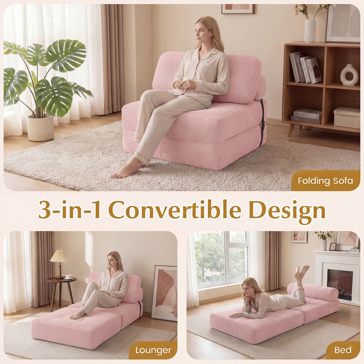 3-in-1 Folding Sofa Bed - Pink Corduroy Convertible Lounger-Sofas & Loveseats-DECOROLALA