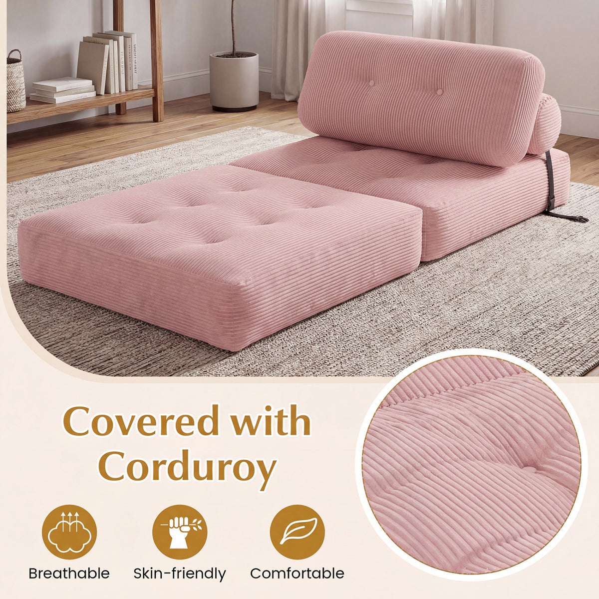 3-in-1 Folding Sofa Bed - Pink Corduroy Convertible Lounger-Sofas & Loveseats-DECOROLALA