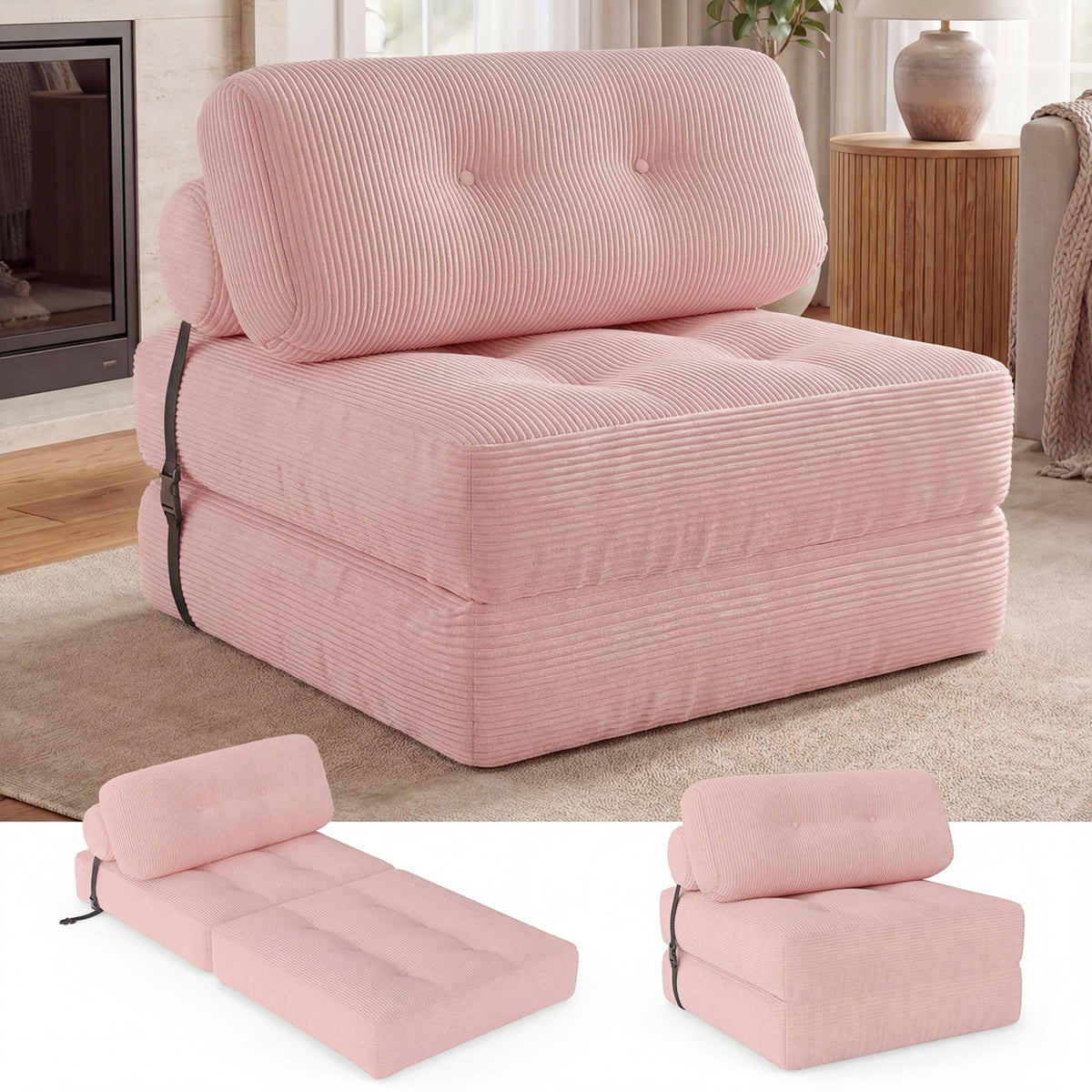 3-in-1 Folding Sofa Bed - Pink Corduroy Convertible Lounger-Sofas & Loveseats-DECOROLALA