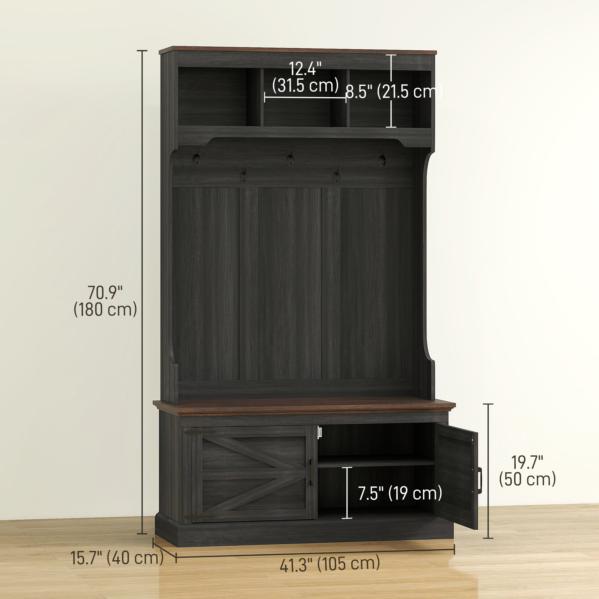 3-in-1 Hall Tree with Bench and Shoe Storage - Black-DECOROLALA