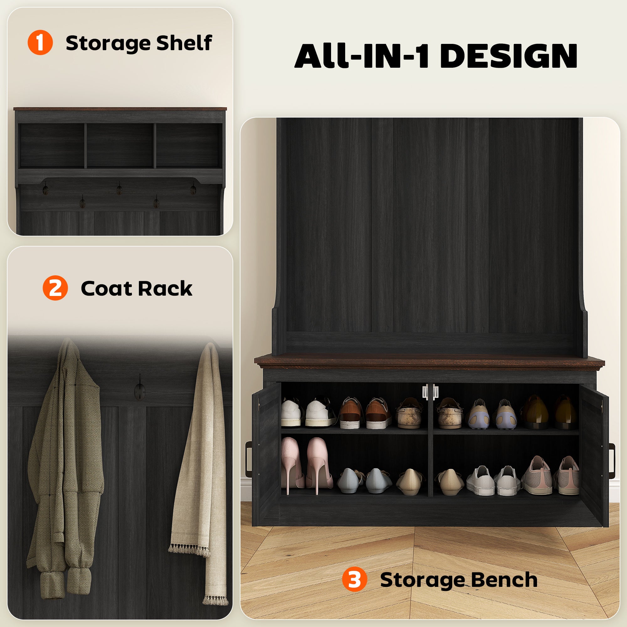 3-in-1 Hall Tree with Bench and Shoe Storage - Black-DECOROLALA