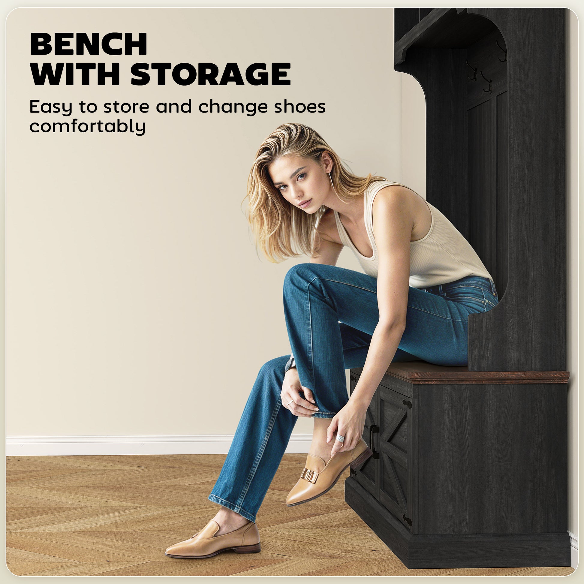 3-in-1 Hall Tree with Bench and Shoe Storage - Black-DECOROLALA
