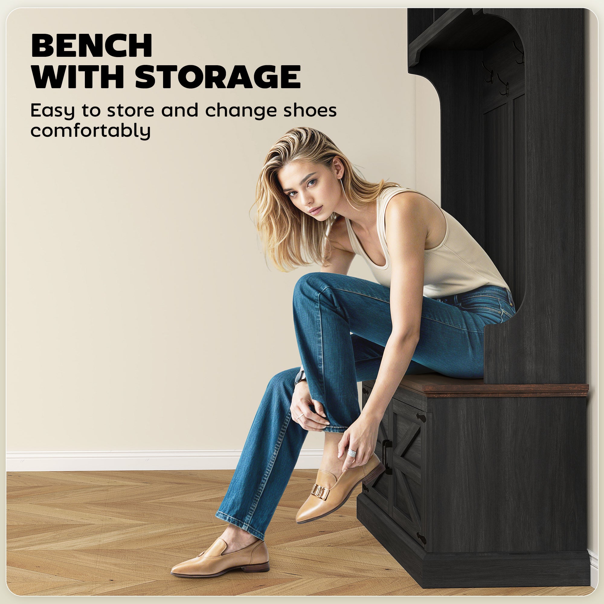 3-in-1 Hall Tree with Bench and Shoe Storage - Black-DECOROLALA