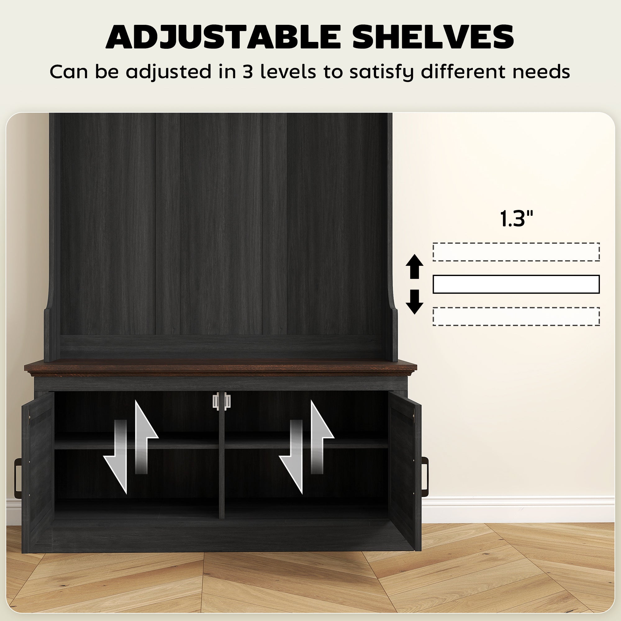 3-in-1 Hall Tree with Bench and Shoe Storage - Black-DECOROLALA