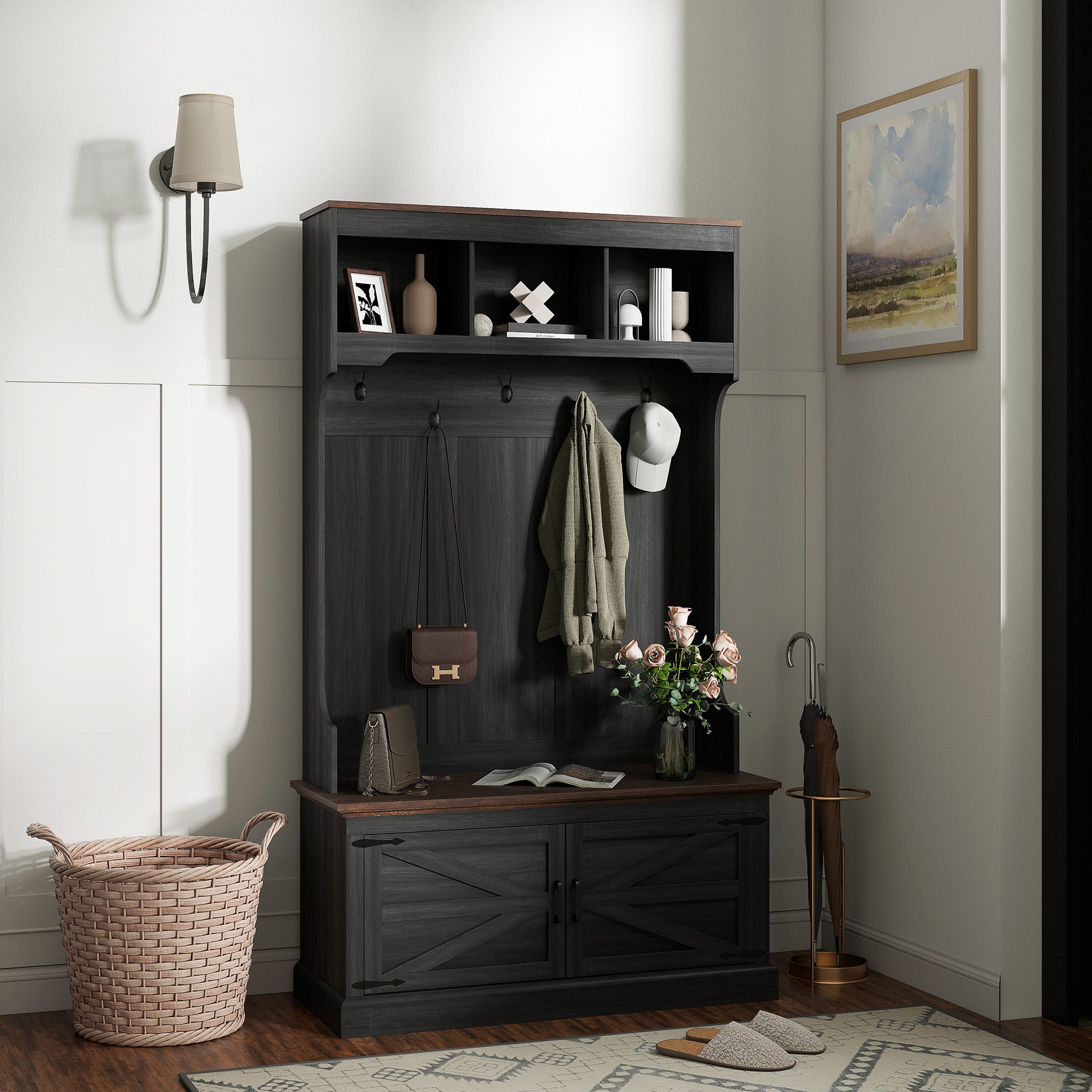 3-in-1 Hall Tree with Bench and Shoe Storage - Black-DECOROLALA