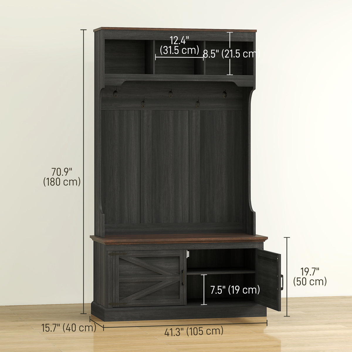 3-in-1 Hall Tree with Bench and Shoe Storage - Black-Hall Trees-DECOROLALA