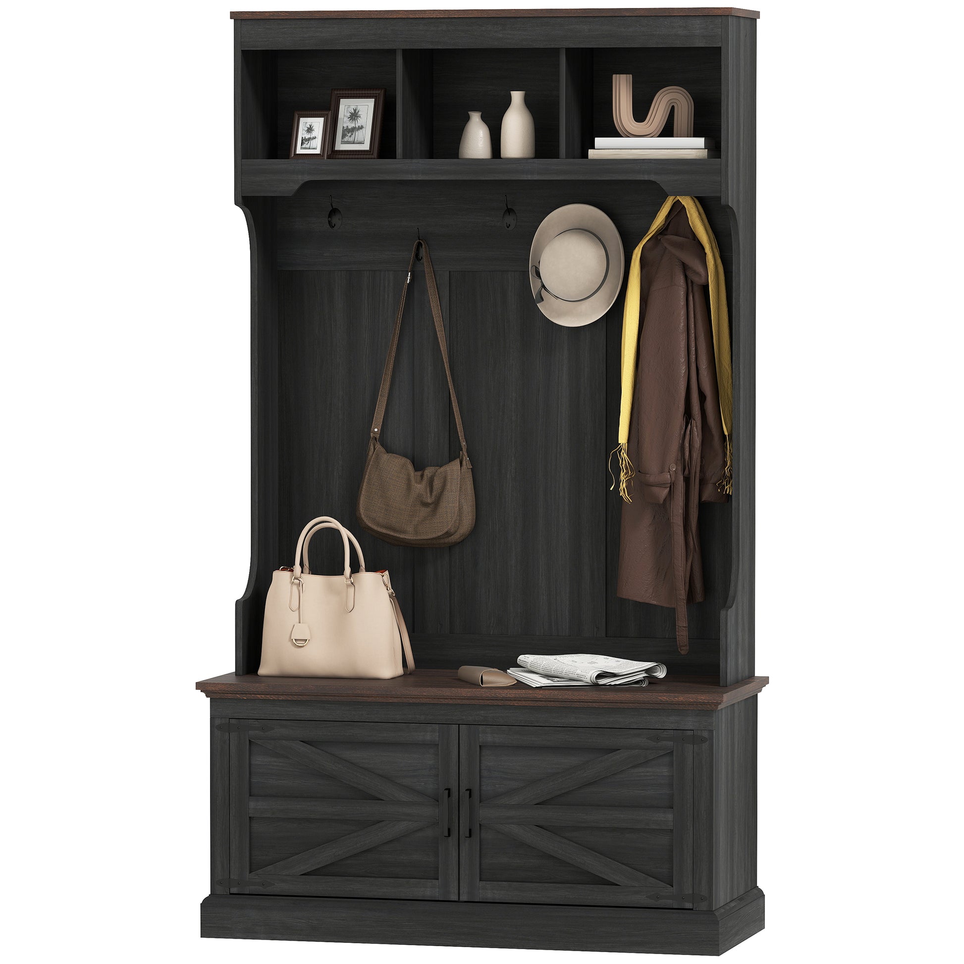 3-in-1 Hall Tree with Bench and Shoe Storage - Black-DECOROLALA