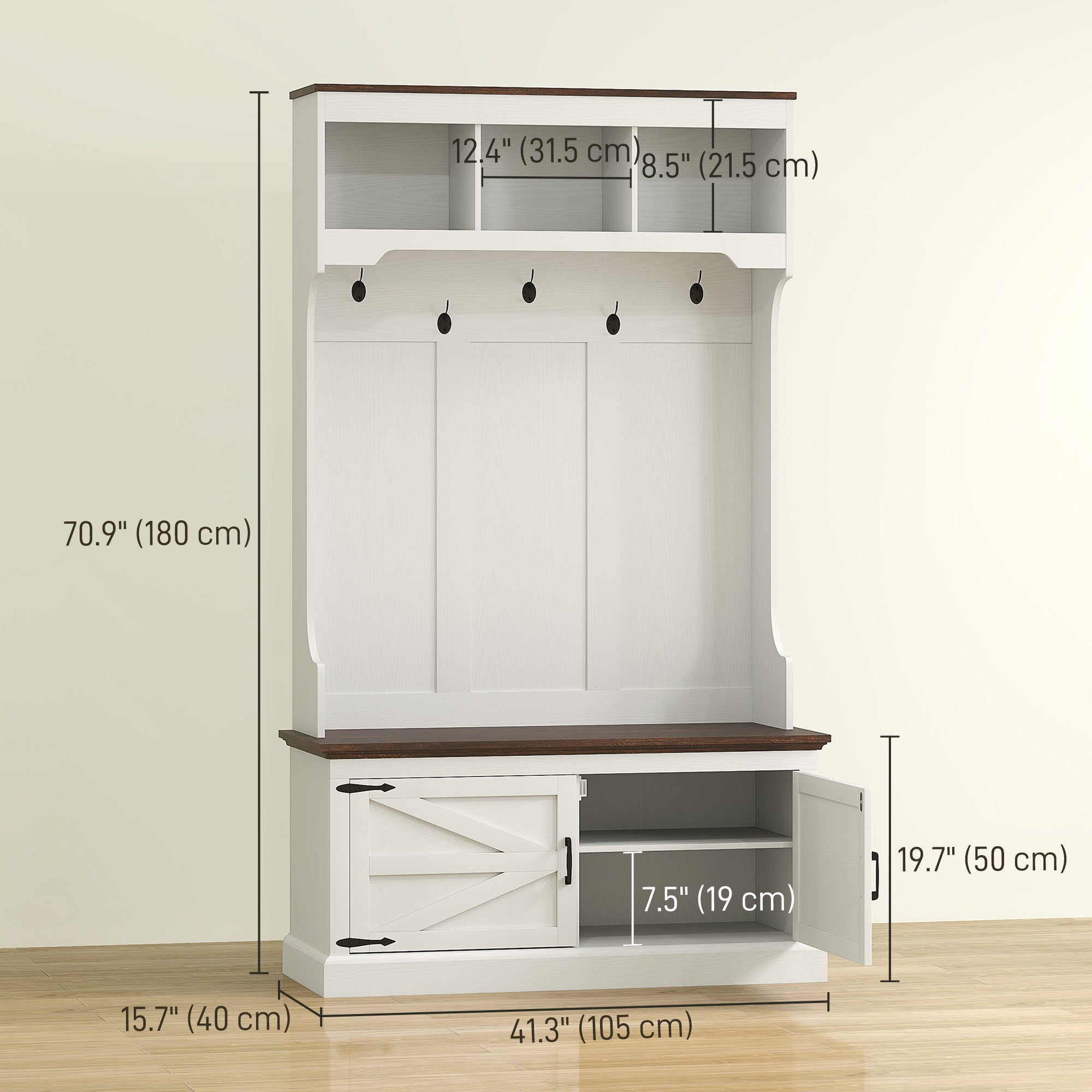 3-in-1 Hall Tree with Bench and Shoe Storage - White Wood Grain-DECOROLALA
