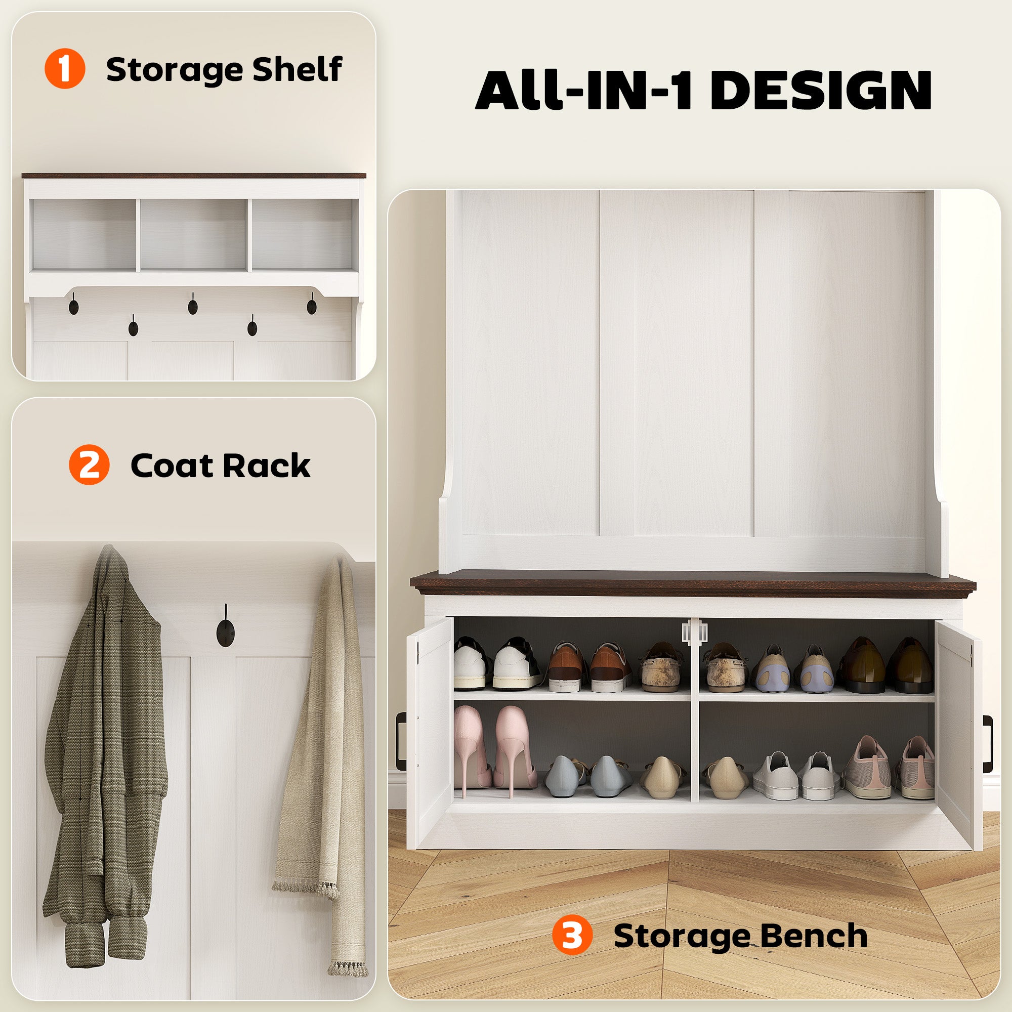 3-in-1 Hall Tree with Bench and Shoe Storage - White Wood Grain-DECOROLALA