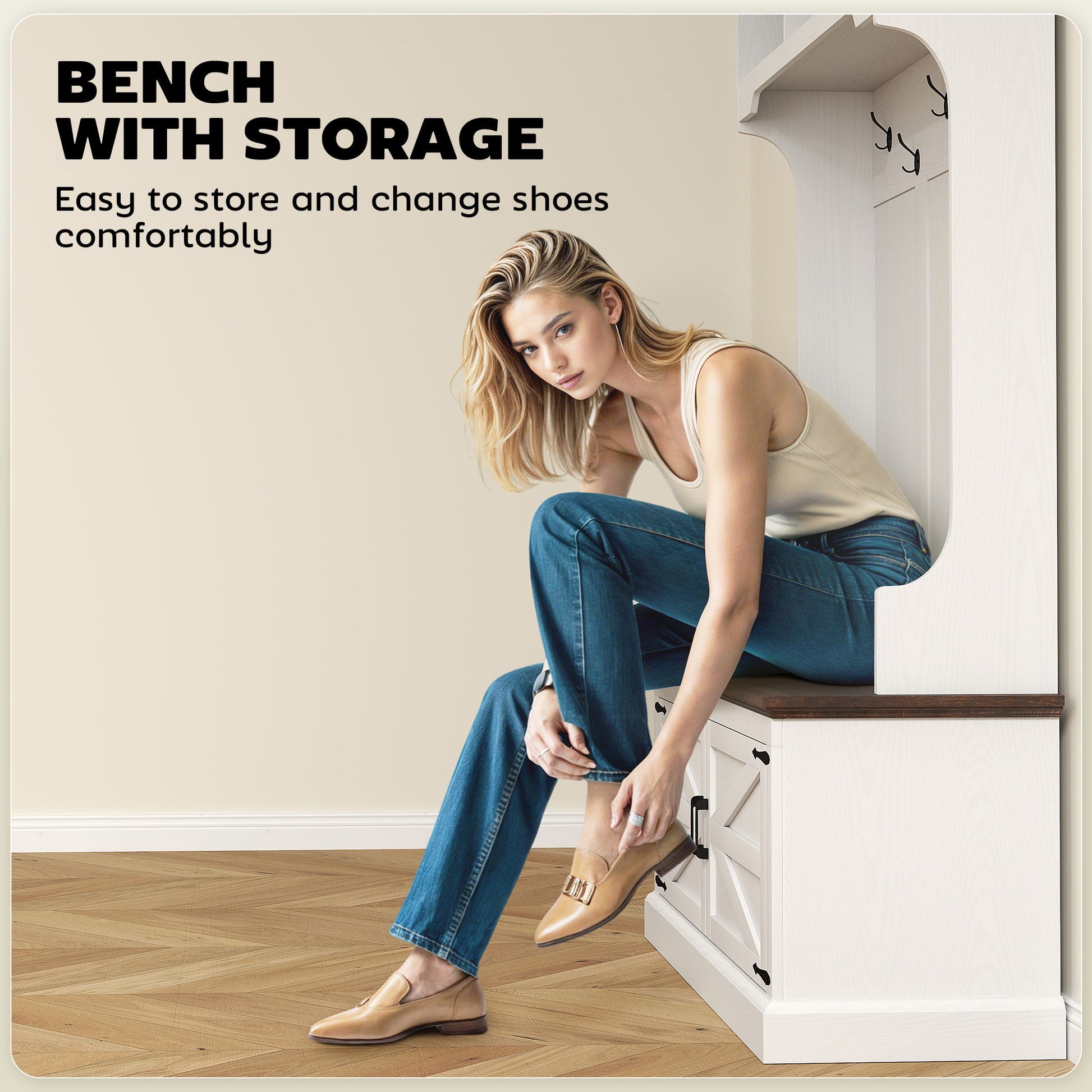3-in-1 Hall Tree with Bench and Shoe Storage - White Wood Grain-DECOROLALA