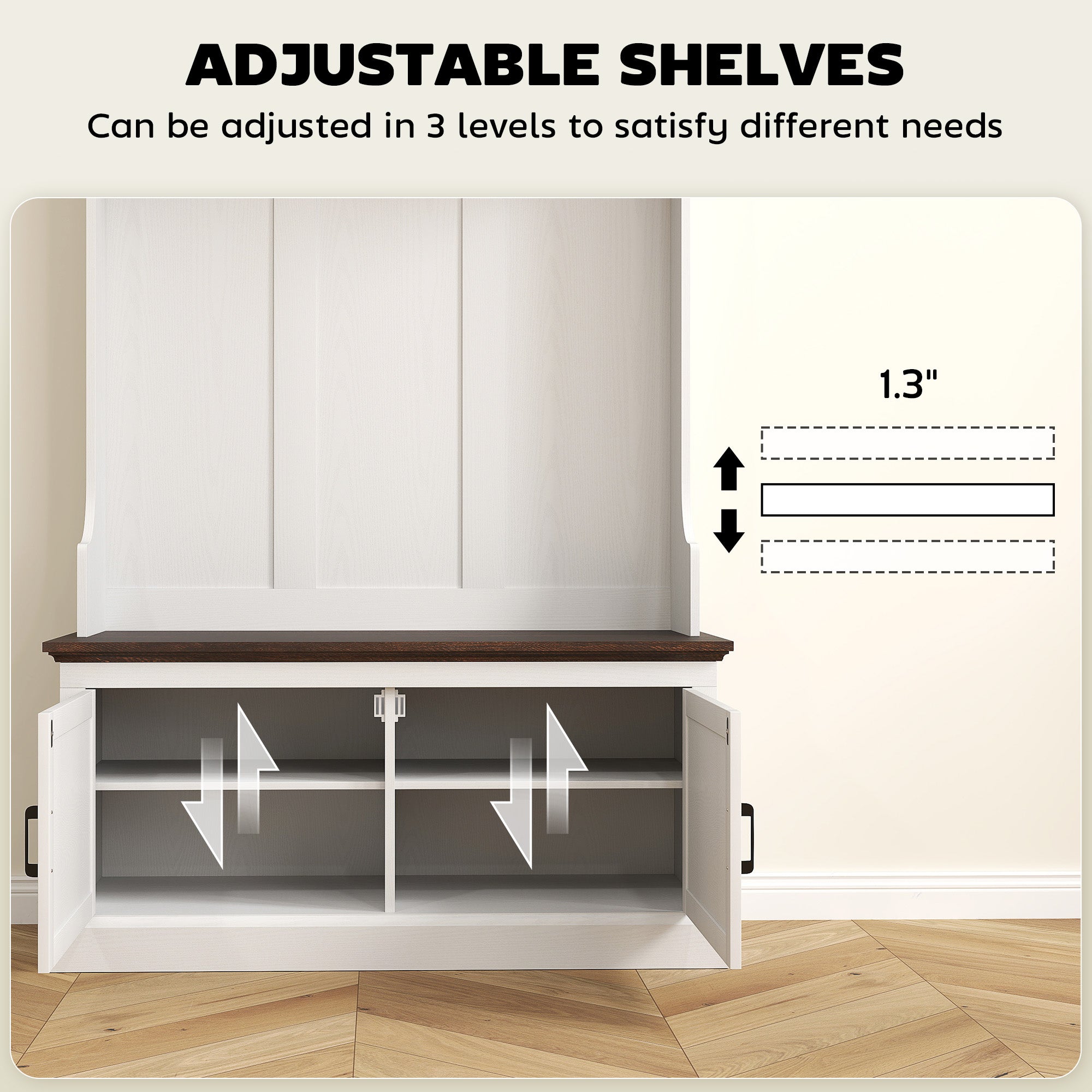 3-in-1 Hall Tree with Bench and Shoe Storage - White Wood Grain-DECOROLALA