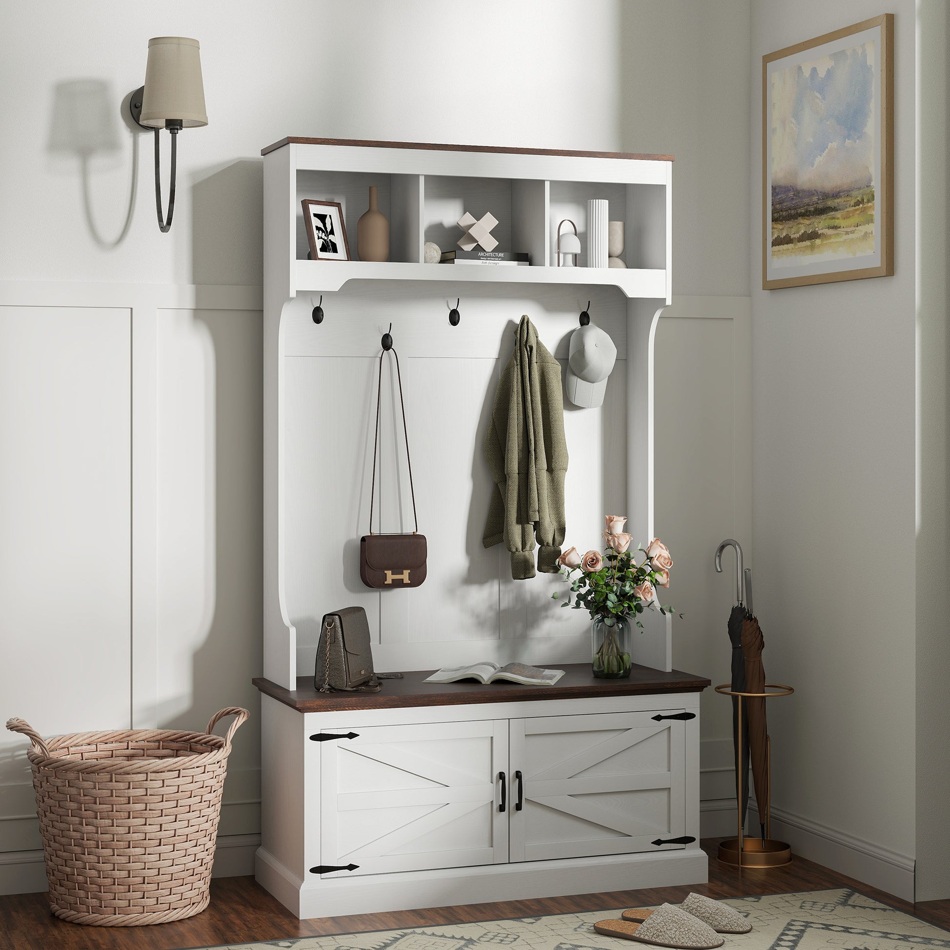 3-in-1 Hall Tree with Bench and Shoe Storage - White Wood Grain-DECOROLALA