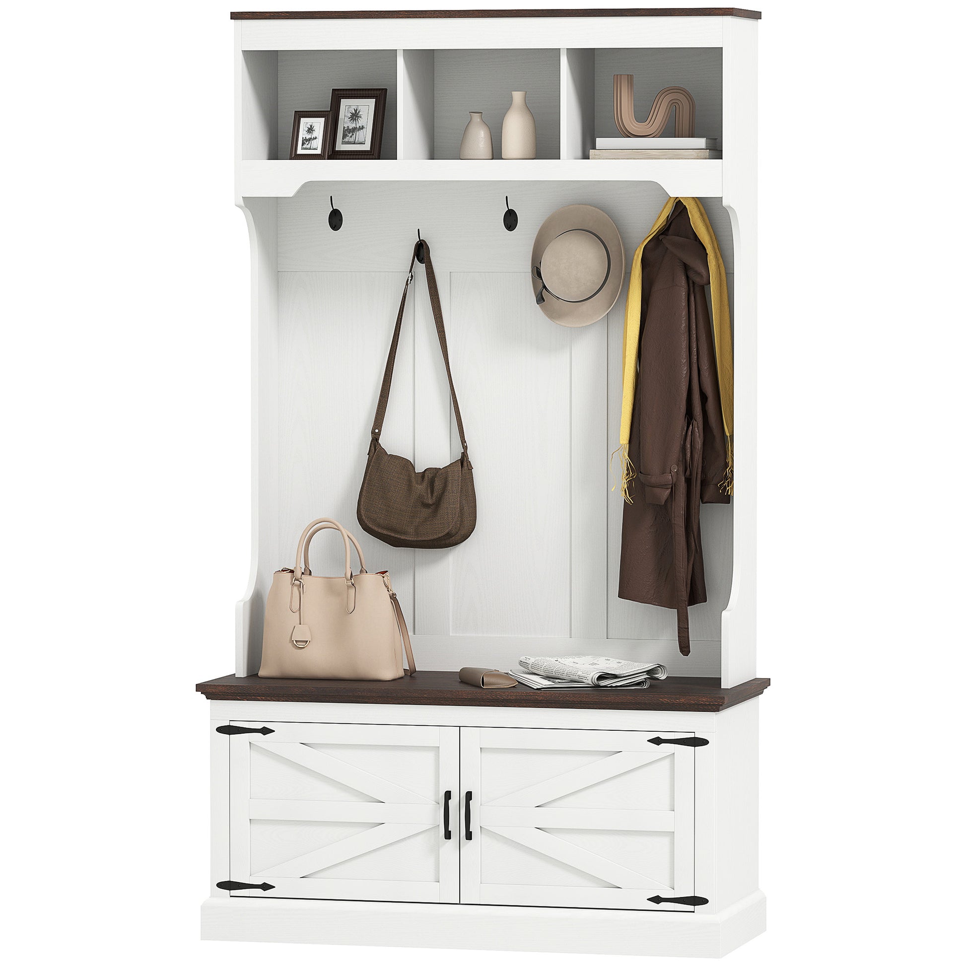 3-in-1 Hall Tree with Bench and Shoe Storage - White Wood Grain-DECOROLALA