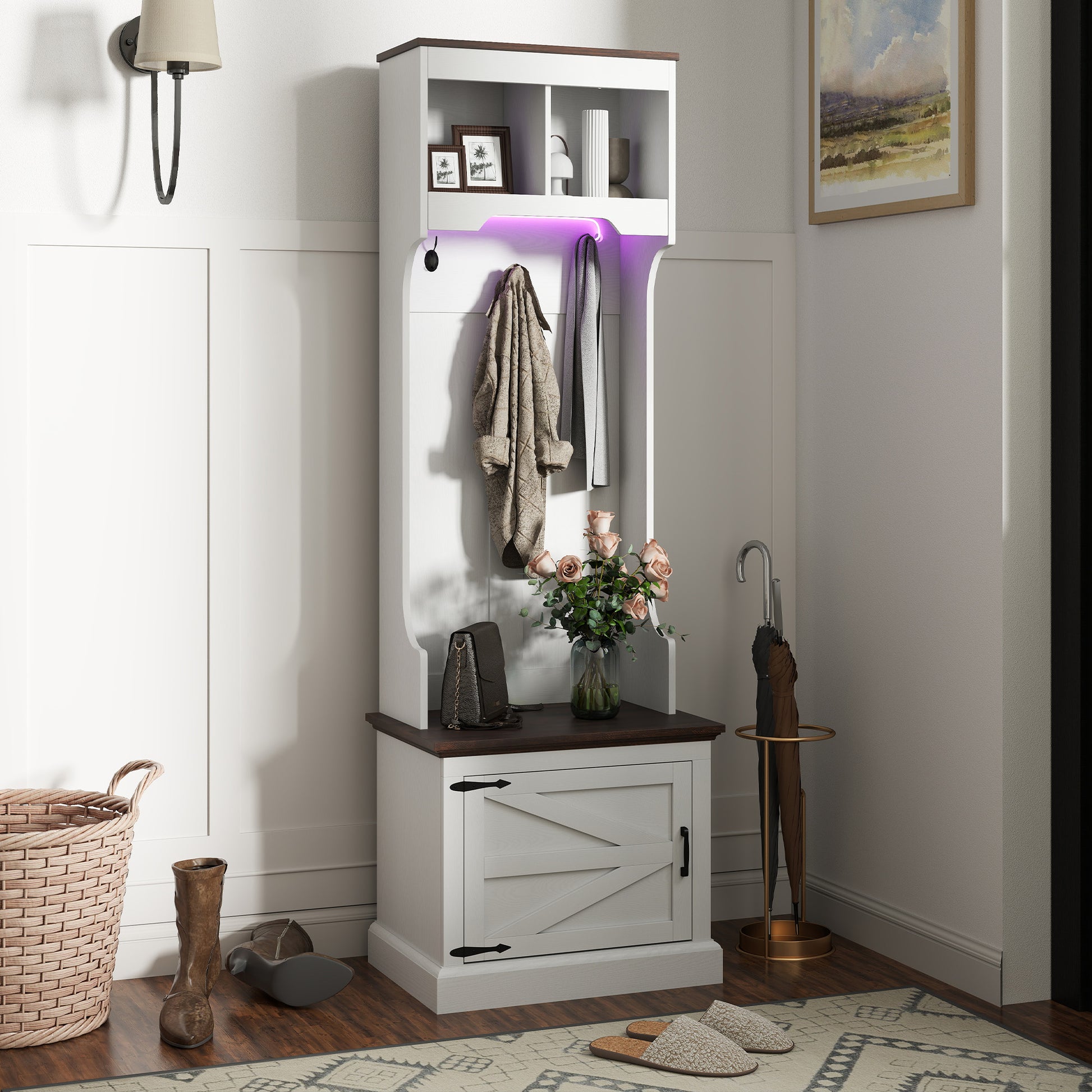 3-in-1 Hall Tree with LED Lights and Bench - White Wood Grain-DECOROLALA