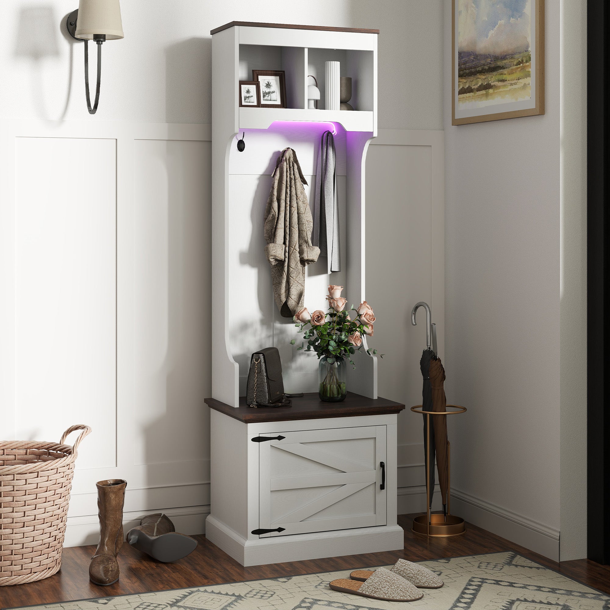 3-in-1 Hall Tree with LED Lights and Bench - White Wood Grain-DECOROLALA