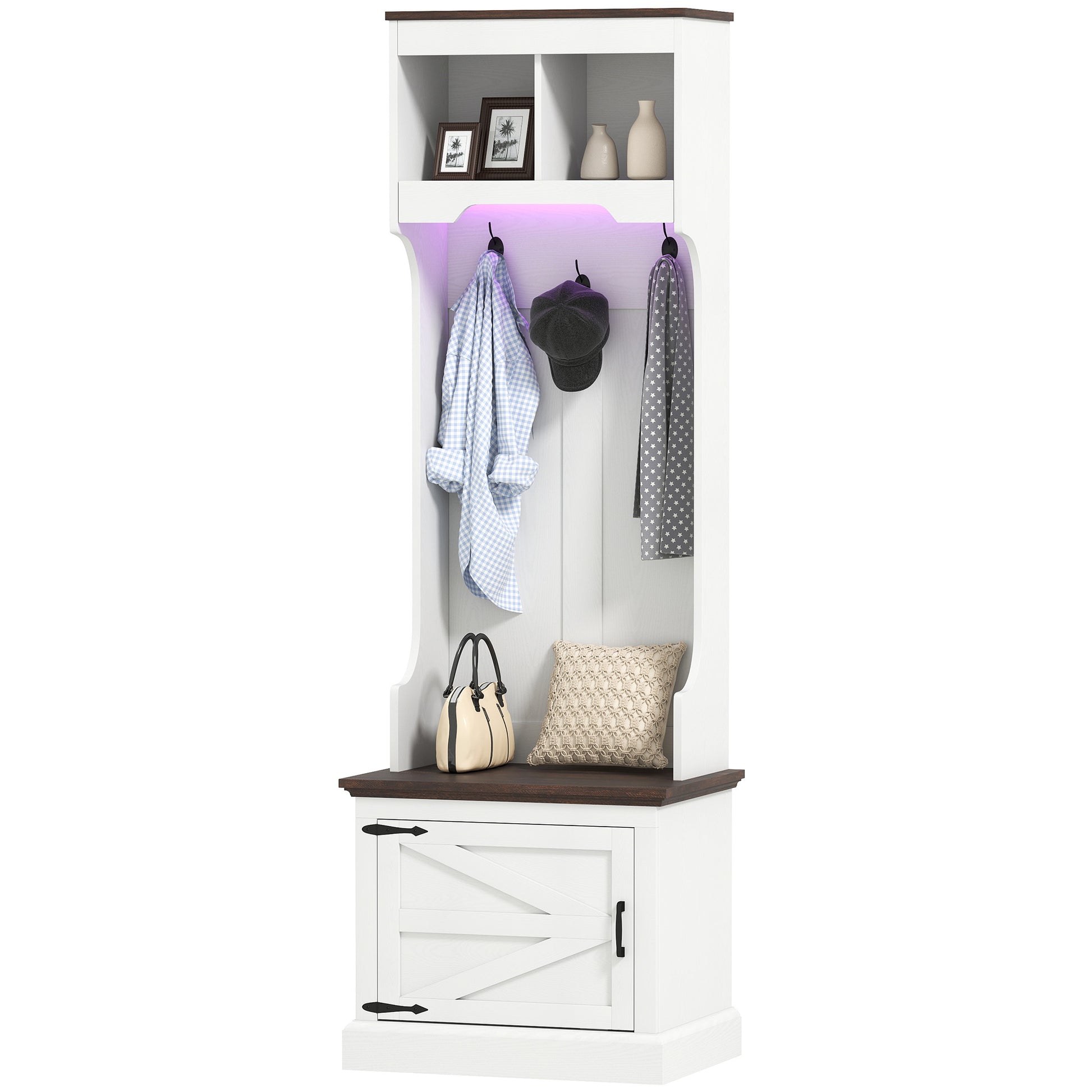 3-in-1 Hall Tree with LED Lights and Bench - White Wood Grain-DECOROLALA