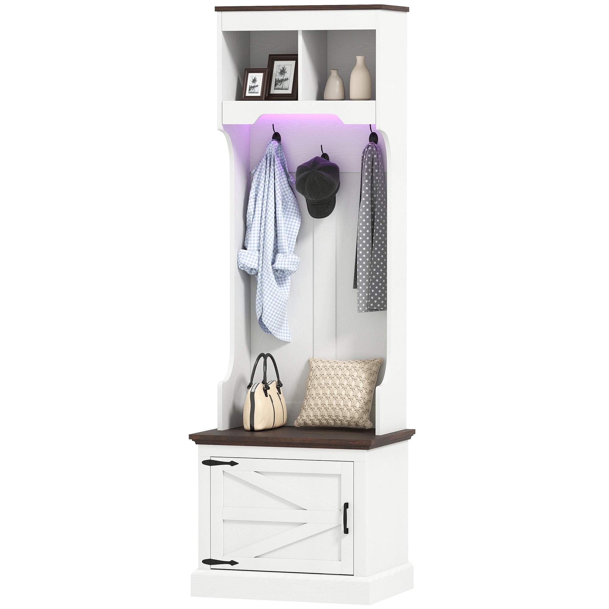 3-in-1 Hall Tree with LED Lights and Bench - White Wood Grain-DECOROLALA