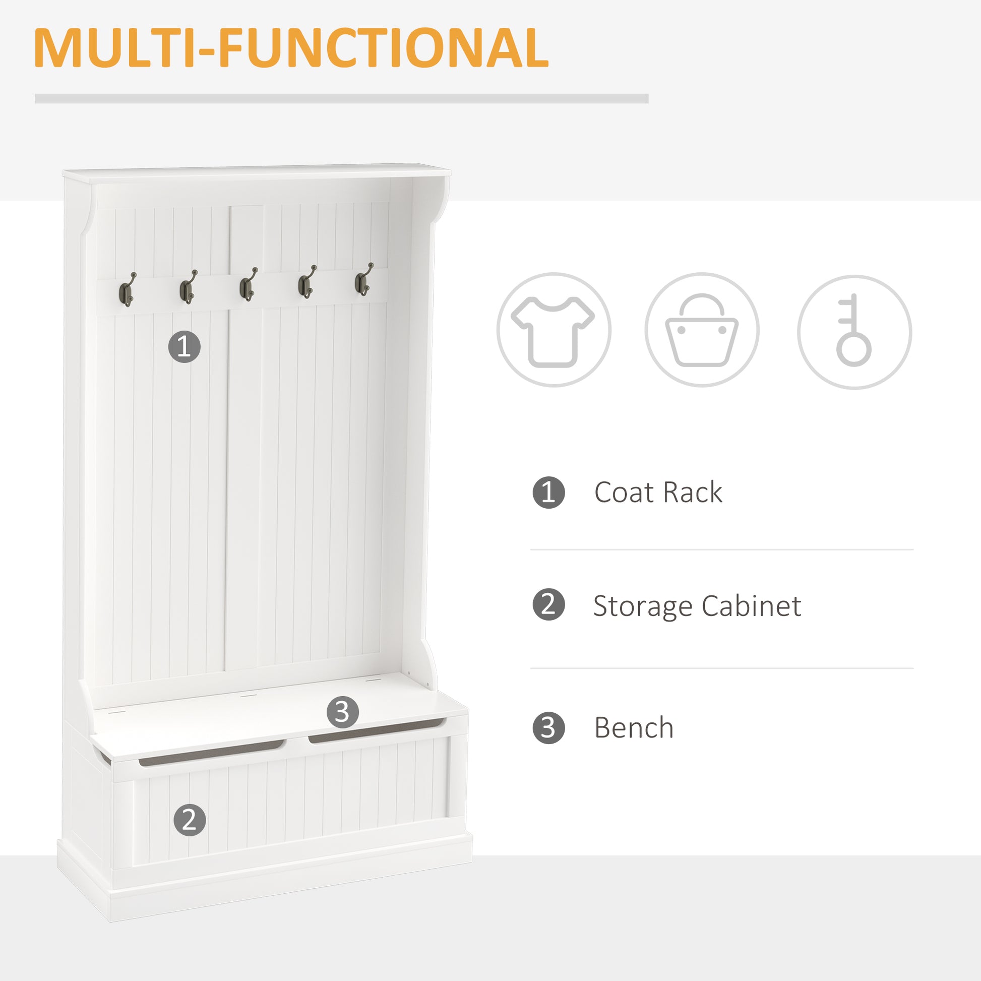 3-in-1 Hall Tree with Storage Bench and Coat Rack - White-DECOROLALA