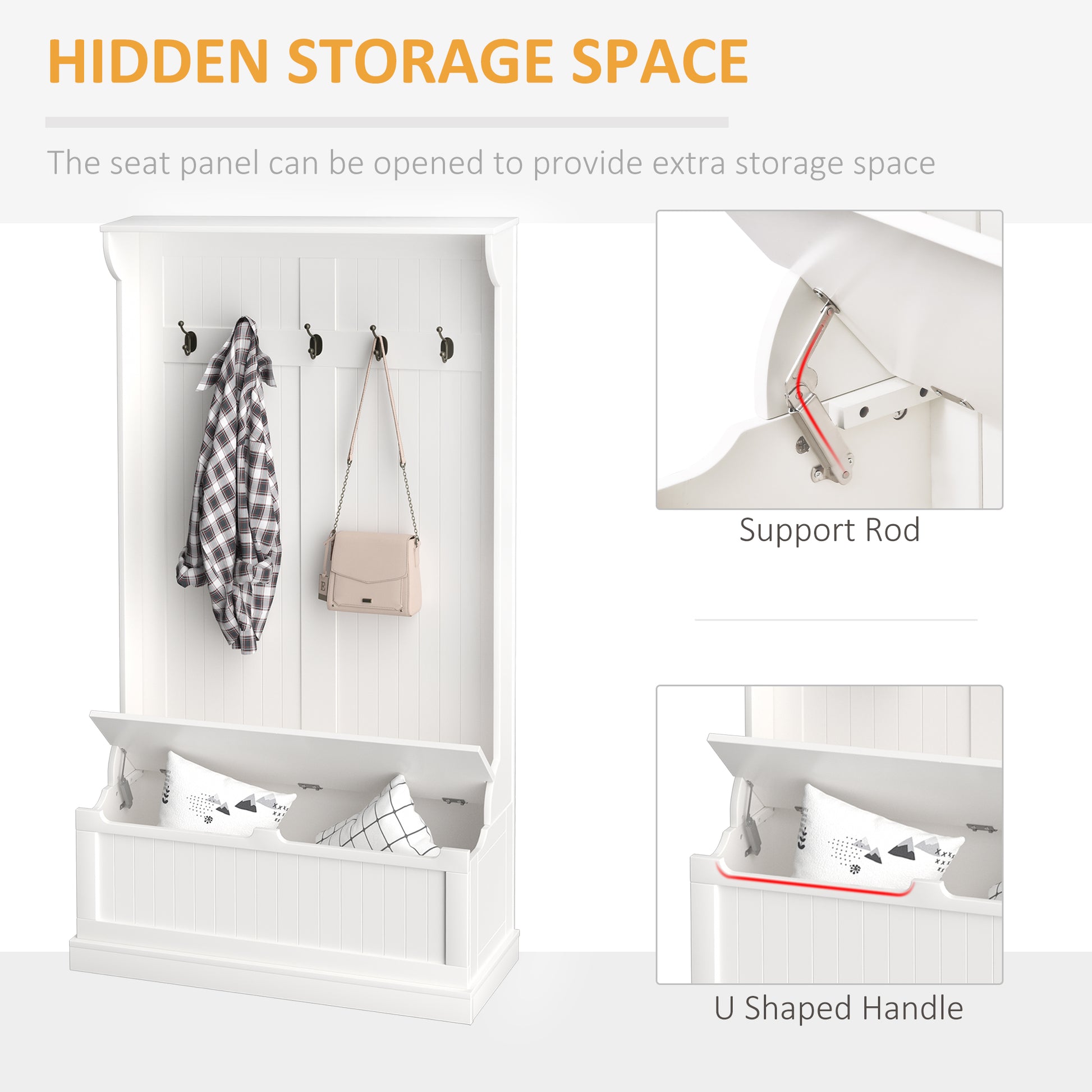 3-in-1 Hall Tree with Storage Bench and Coat Rack - White-DECOROLALA