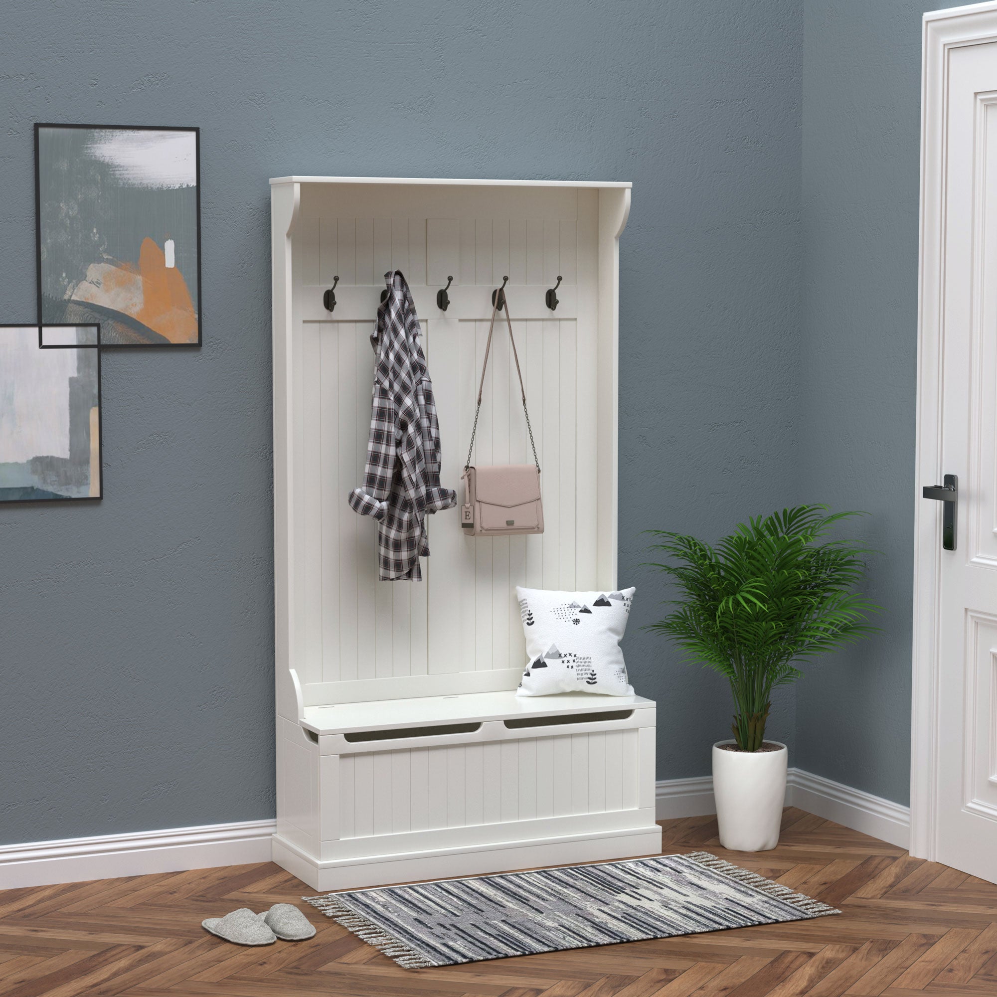 3-in-1 Hall Tree with Storage Bench and Coat Rack - White-DECOROLALA