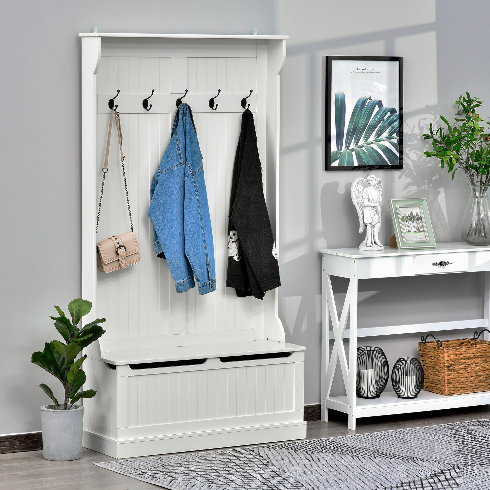 3-in-1 Hall Tree with Storage Bench and Coat Rack - White-DECOROLALA