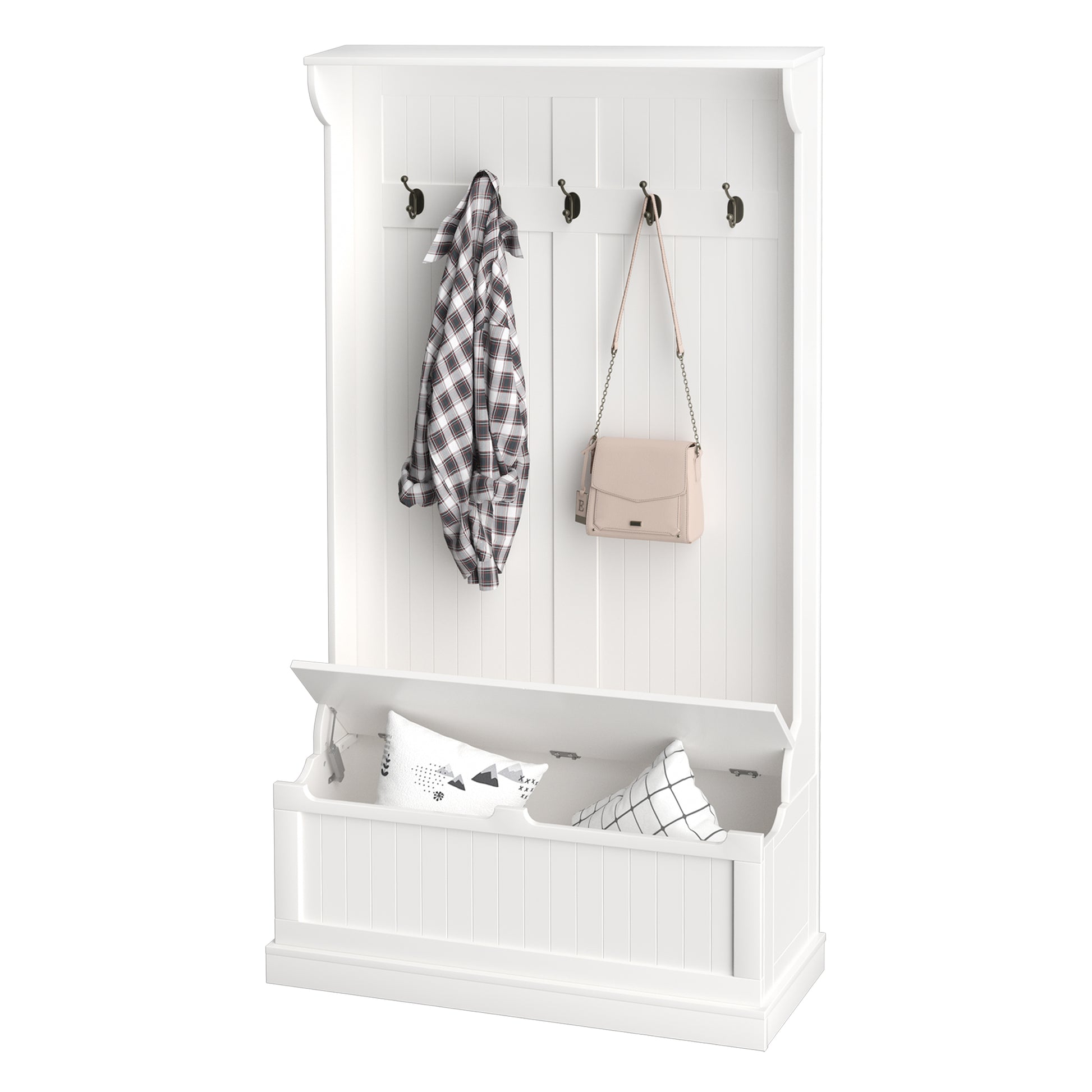 3-in-1 Hall Tree with Storage Bench and Coat Rack - White-DECOROLALA