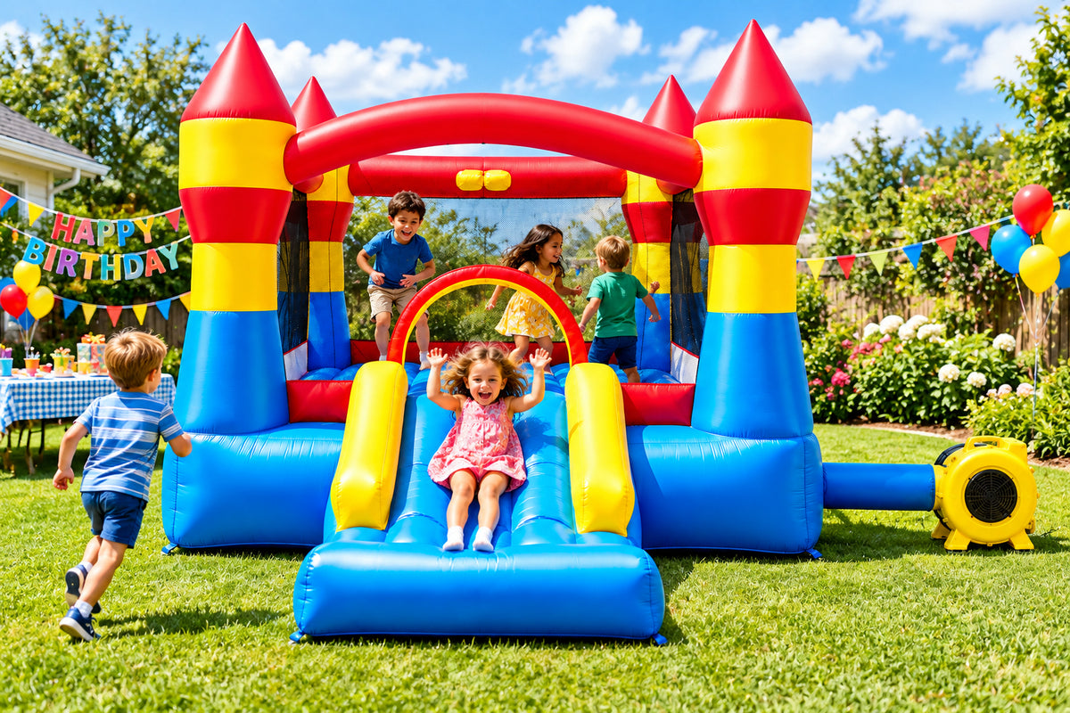 3-in-1 Inflatable Bounce House with Slide, Basketball Hoop & Blower-Inflatable Bounce Houses-DECOROLALA