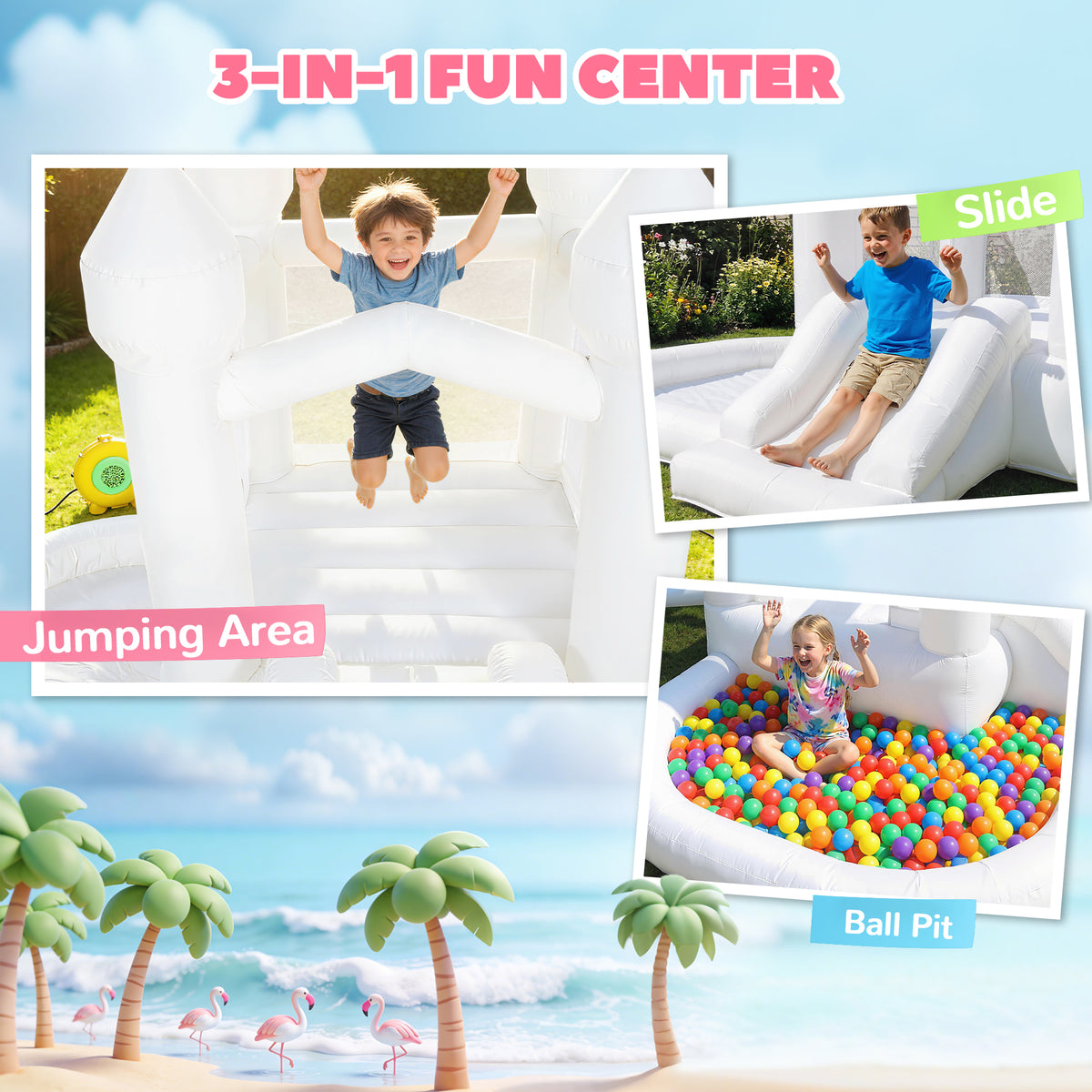 Inflatable Bouncy Castle for Kids, 3-in-1 White Bounce House with Slide, Ball Pit and 370W Blower, White-Toys & Games > Kids Outdoor Play > Inflatables-DECOROLALA
